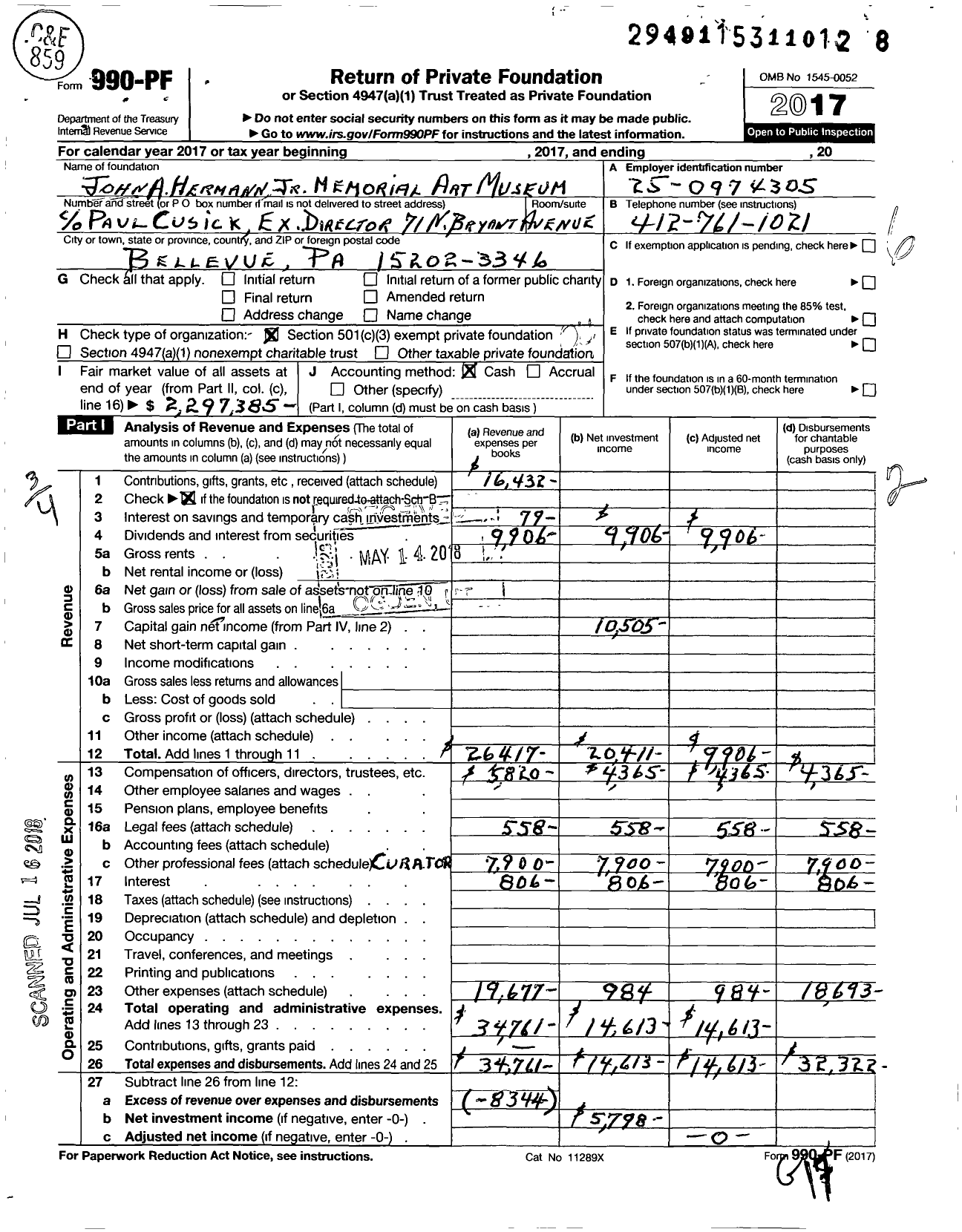 Image of first page of 2017 Form 990PF for John A Hermann JR Memorial Art Museum