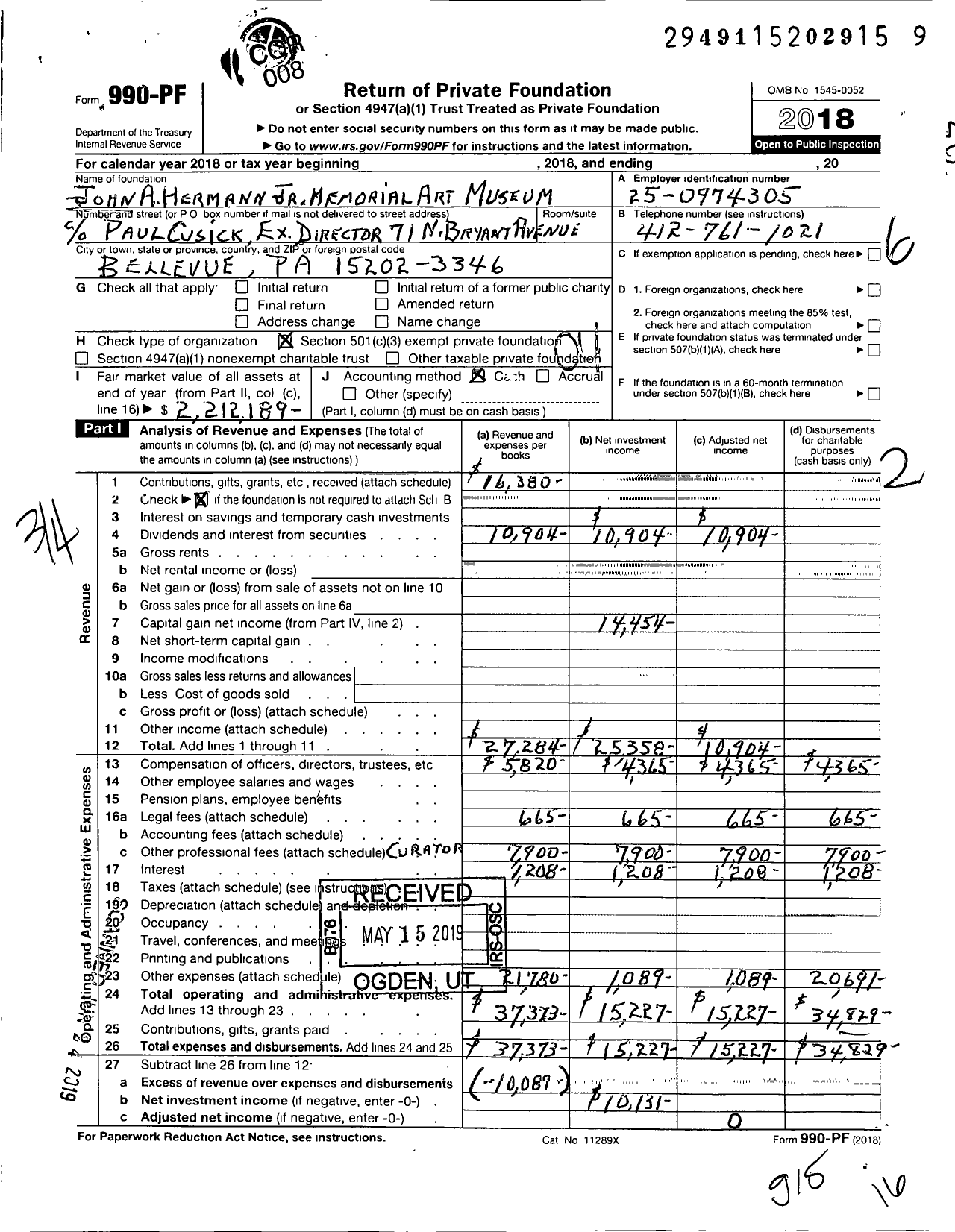 Image of first page of 2018 Form 990PF for John A Hermann JR Memorial Art Museum