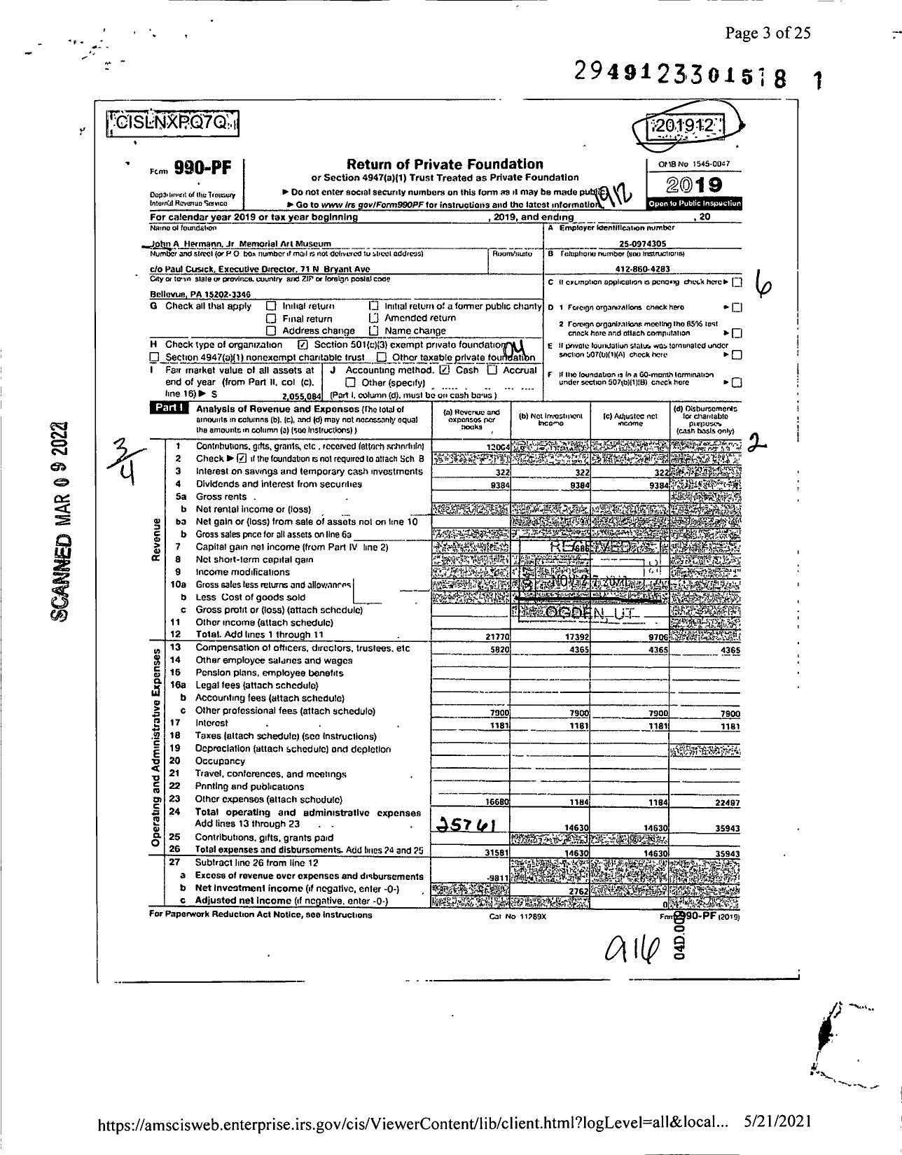 Image of first page of 2019 Form 990PF for John A Hermann JR Memorial Art Museum