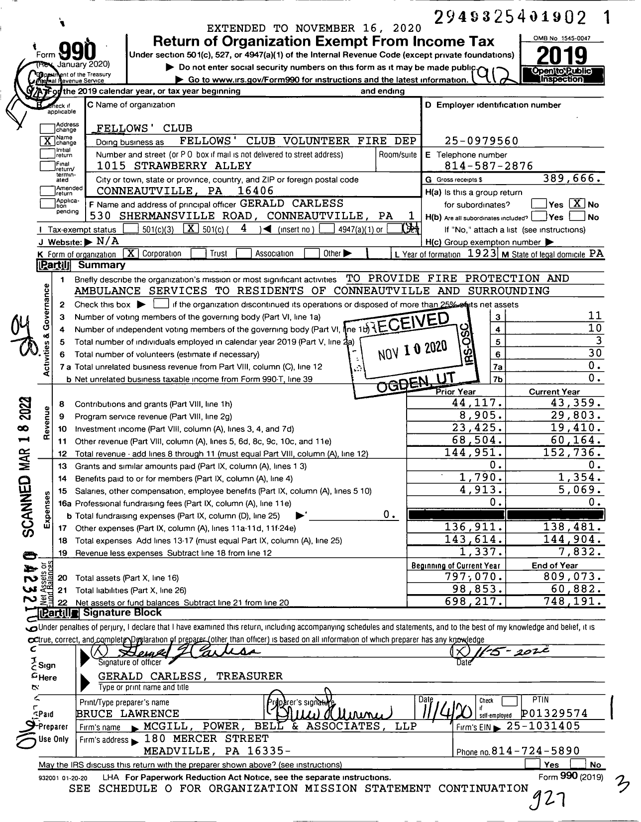 Image of first page of 2019 Form 990O for Fellows' Club Volunteer Fire Department