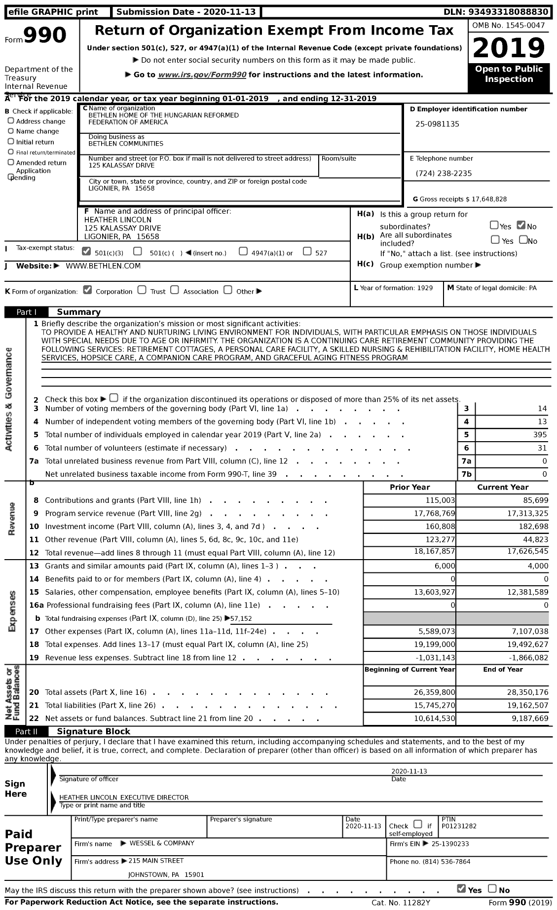 Image of first page of 2019 Form 990 for Concordia at Bethlen