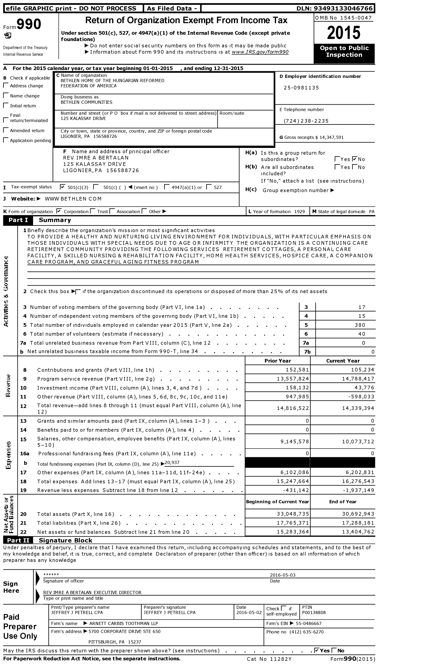 Image of first page of 2015 Form 990 for Bethlen Communities