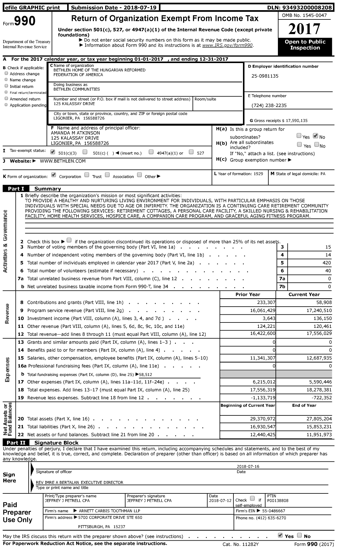 Image of first page of 2017 Form 990 for Bethlen Communities