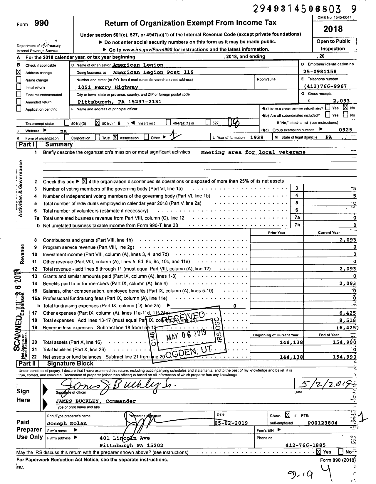 Image of first page of 2018 Form 990O for American Legion