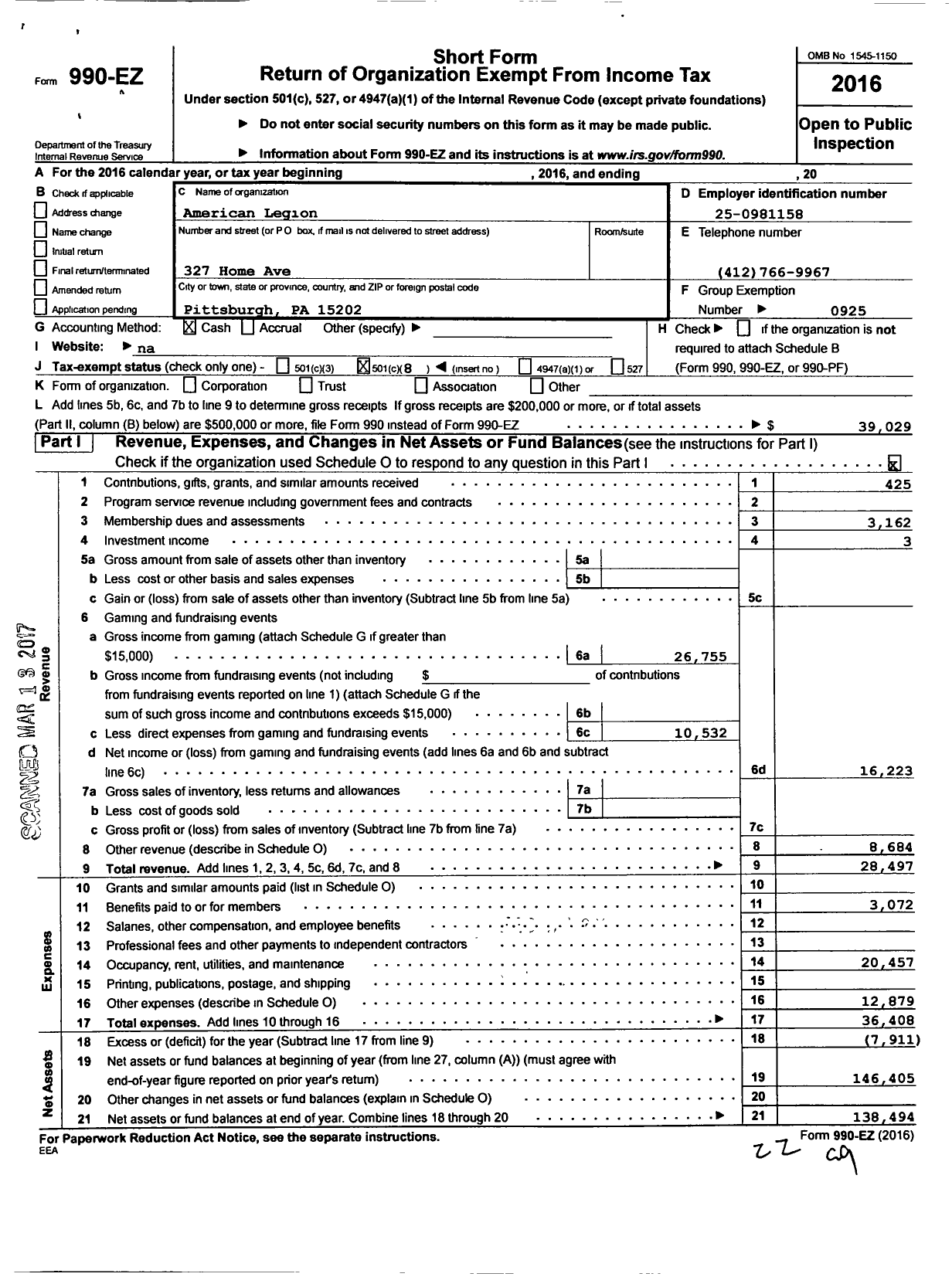 Image of first page of 2016 Form 990EO for American Legion