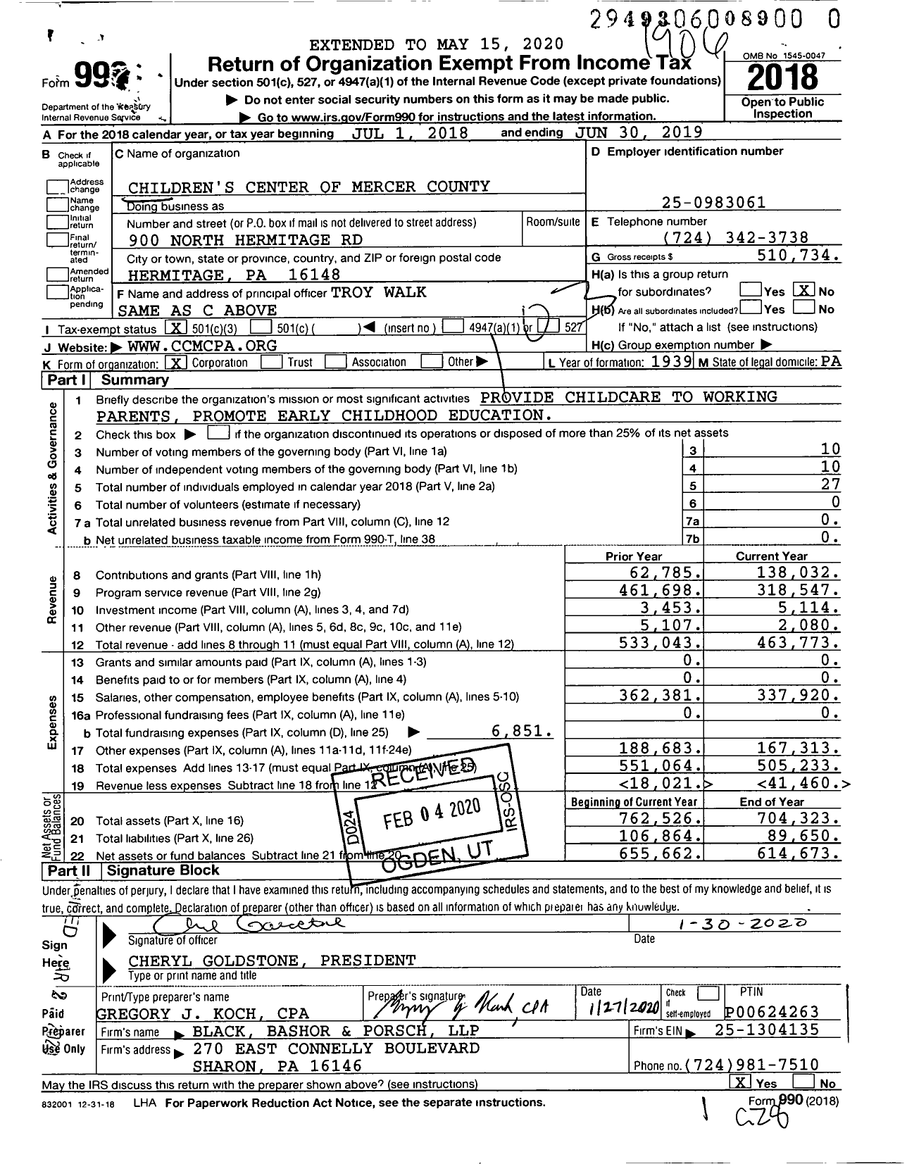 Image of first page of 2018 Form 990 for Children's Center of Mercer County