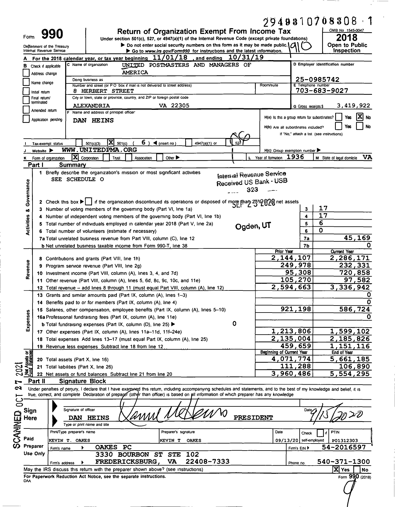 Image of first page of 2018 Form 990O for National Association of Postmasters of the United States (NAPUS)