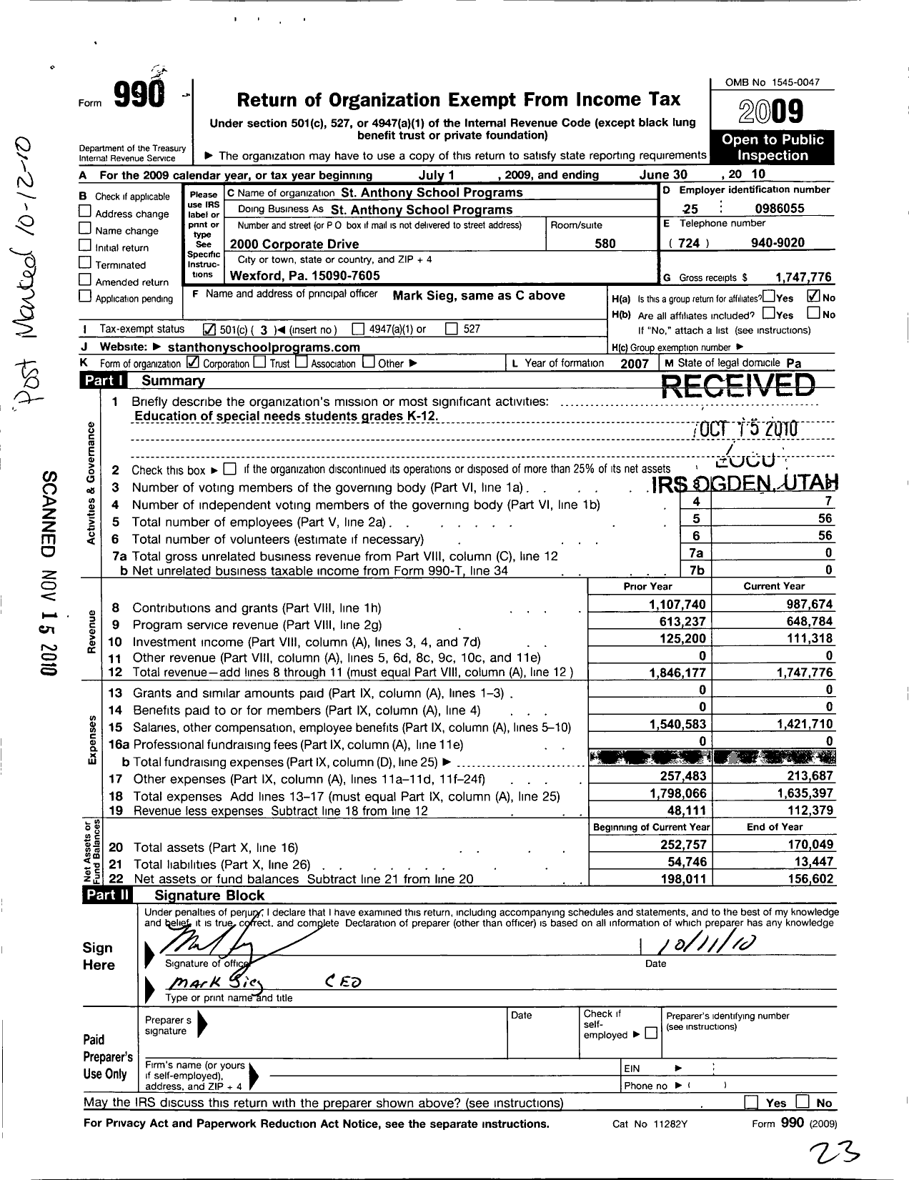 Image of first page of 2009 Form 990 for St Anthony School Programs