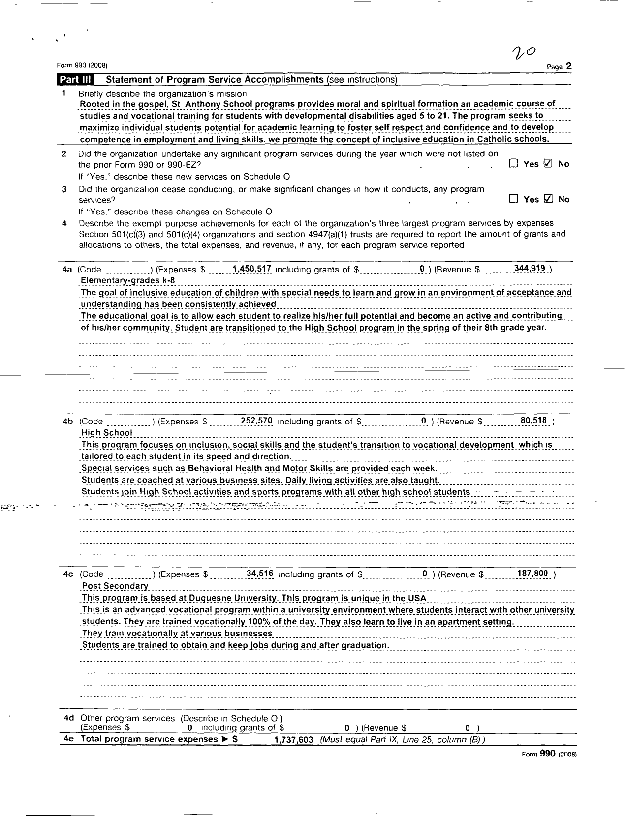 Image of first page of 2008 Form 990R for St Anthony School Programs