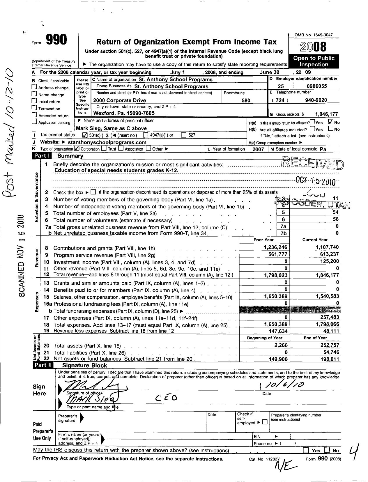 Image of first page of 2008 Form 990 for St Anthony School Programs