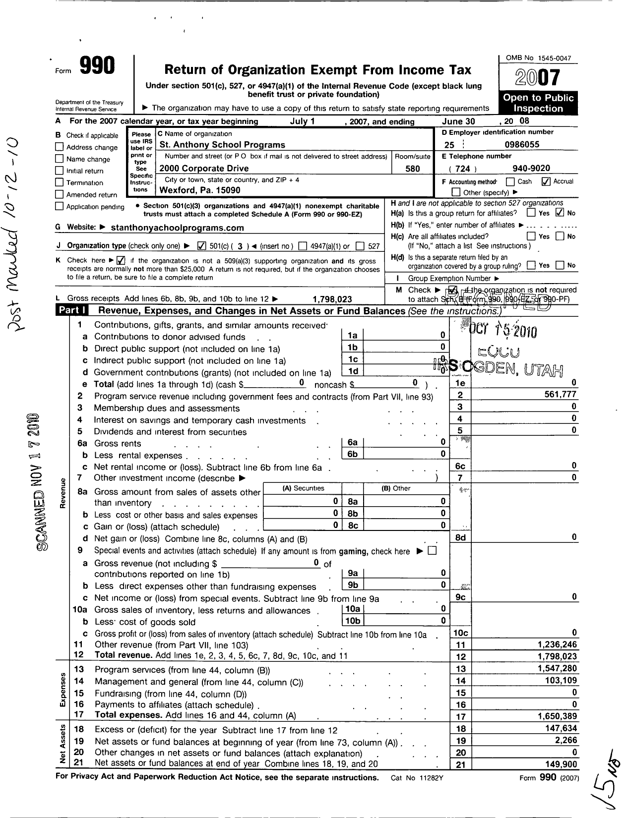 Image of first page of 2007 Form 990 for St Anthony School Programs