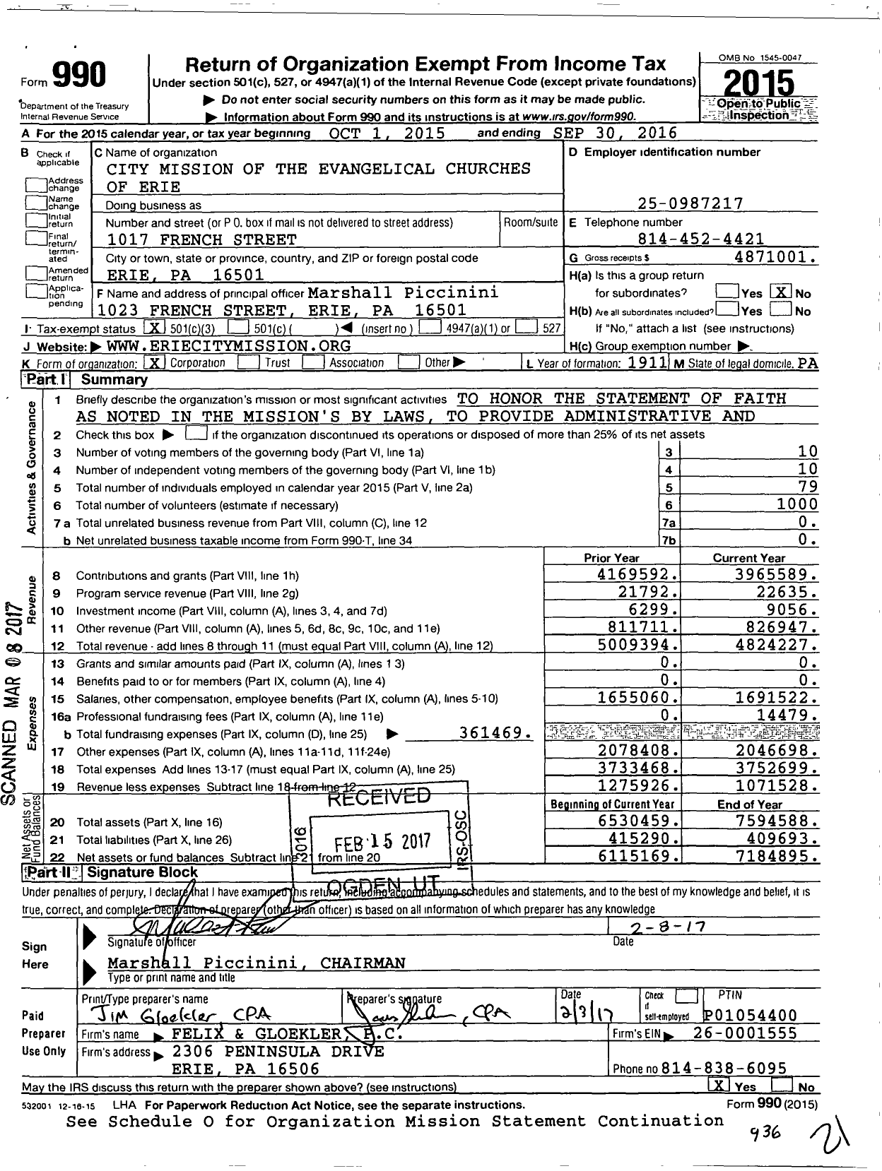 Image of first page of 2015 Form 990 for Erie City Mission (ECM)