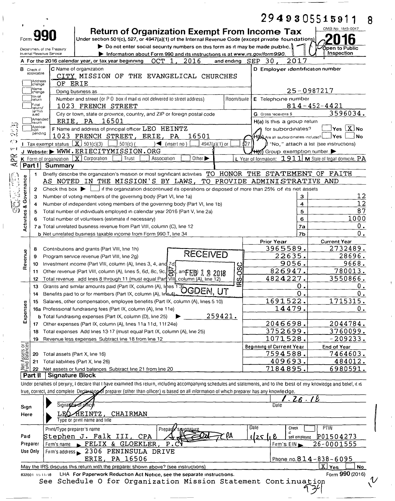 Image of first page of 2016 Form 990 for Erie City Mission (ECM)