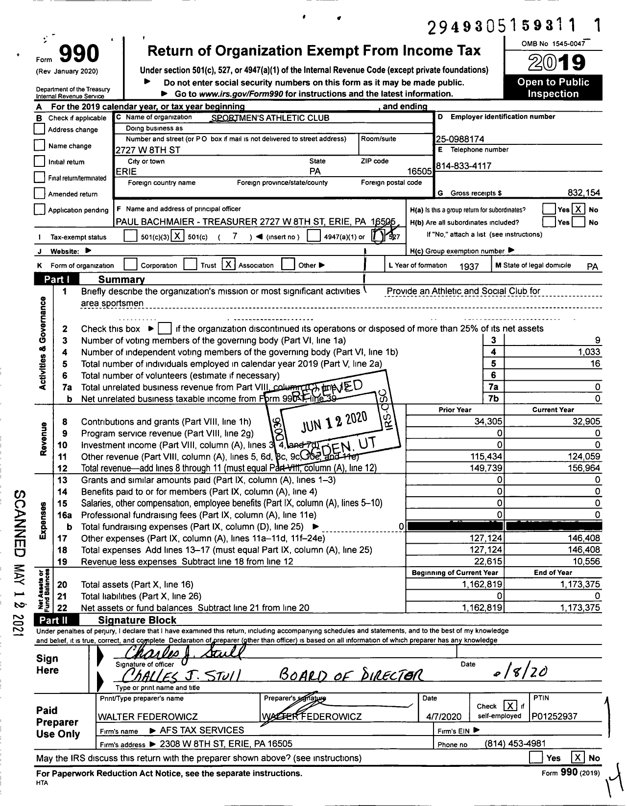 Image of first page of 2019 Form 990O for Sportmen's Athletic Club