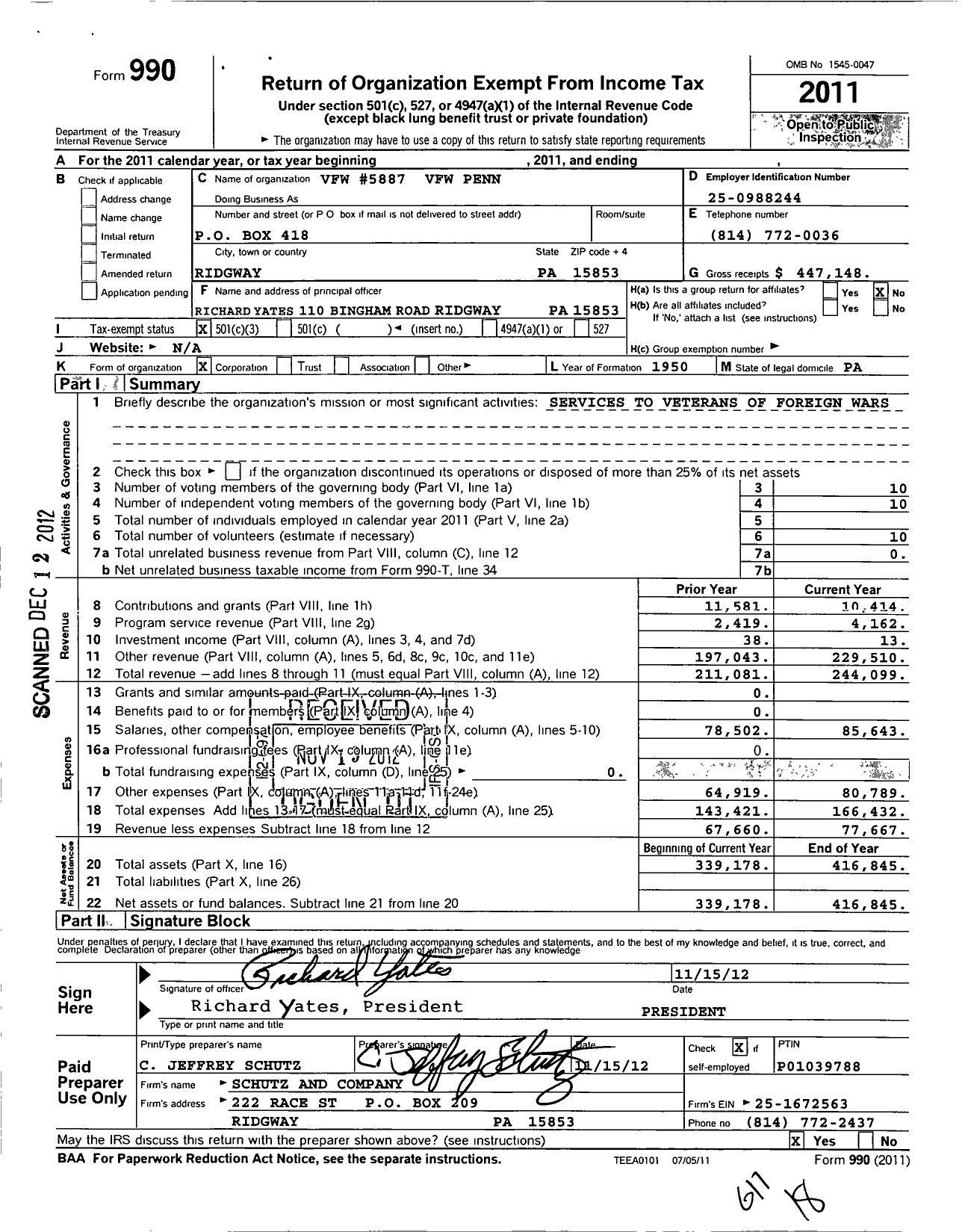 Image of first page of 2011 Form 990 for VFW Department of Pennsylvania - 5887 Vfw-Penn