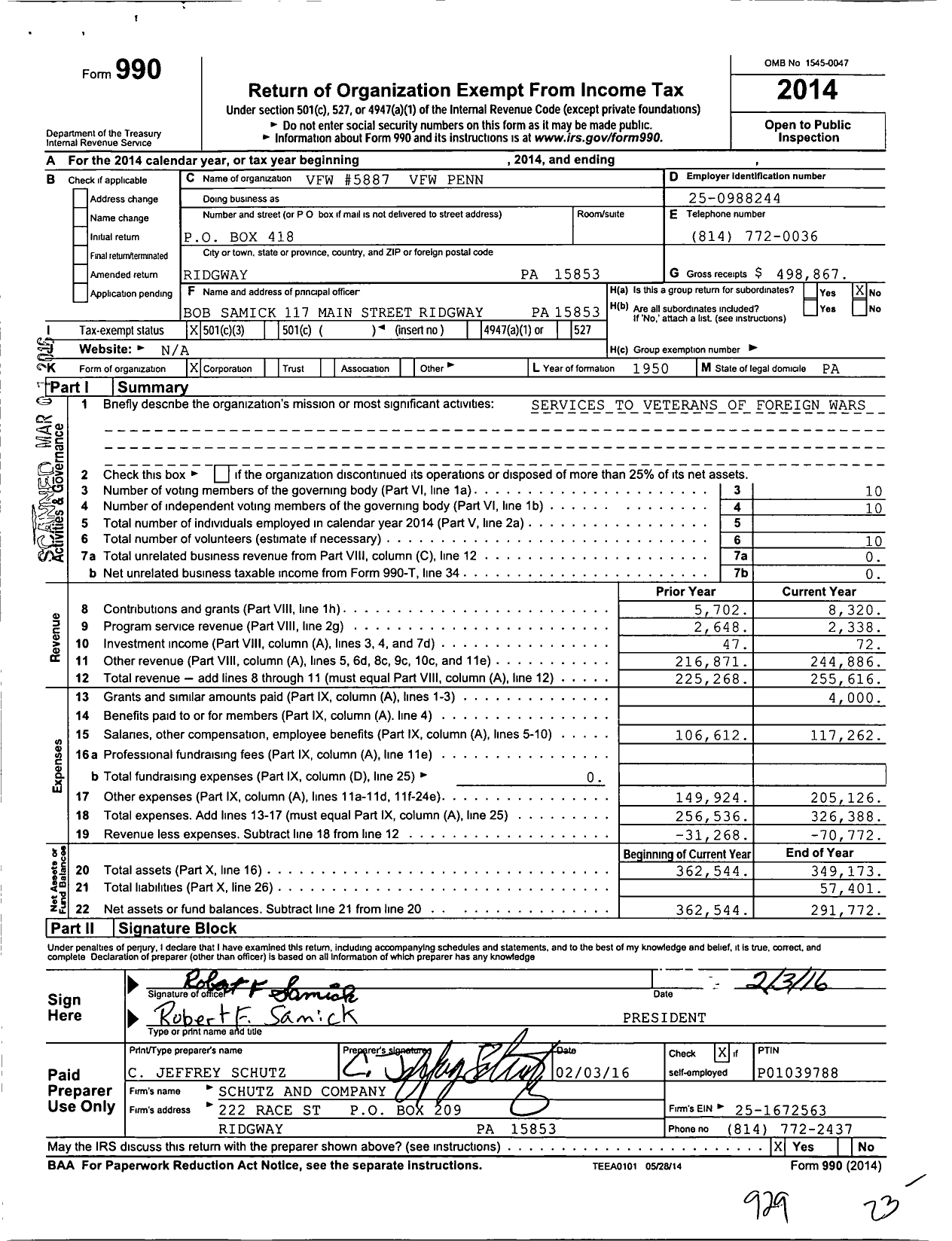 Image of first page of 2014 Form 990 for VFW Department of Pennsylvania - 5887 Vfw-Penn