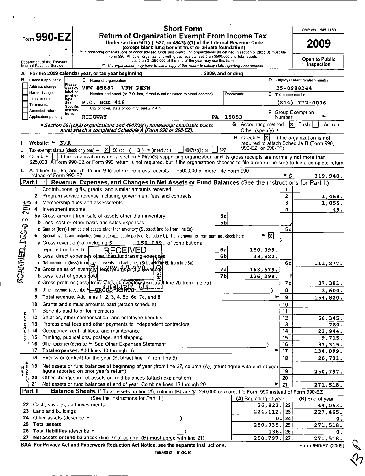 Image of first page of 2009 Form 990EZ for VFW Department of Pennsylvania - 5887 Vfw-Penn
