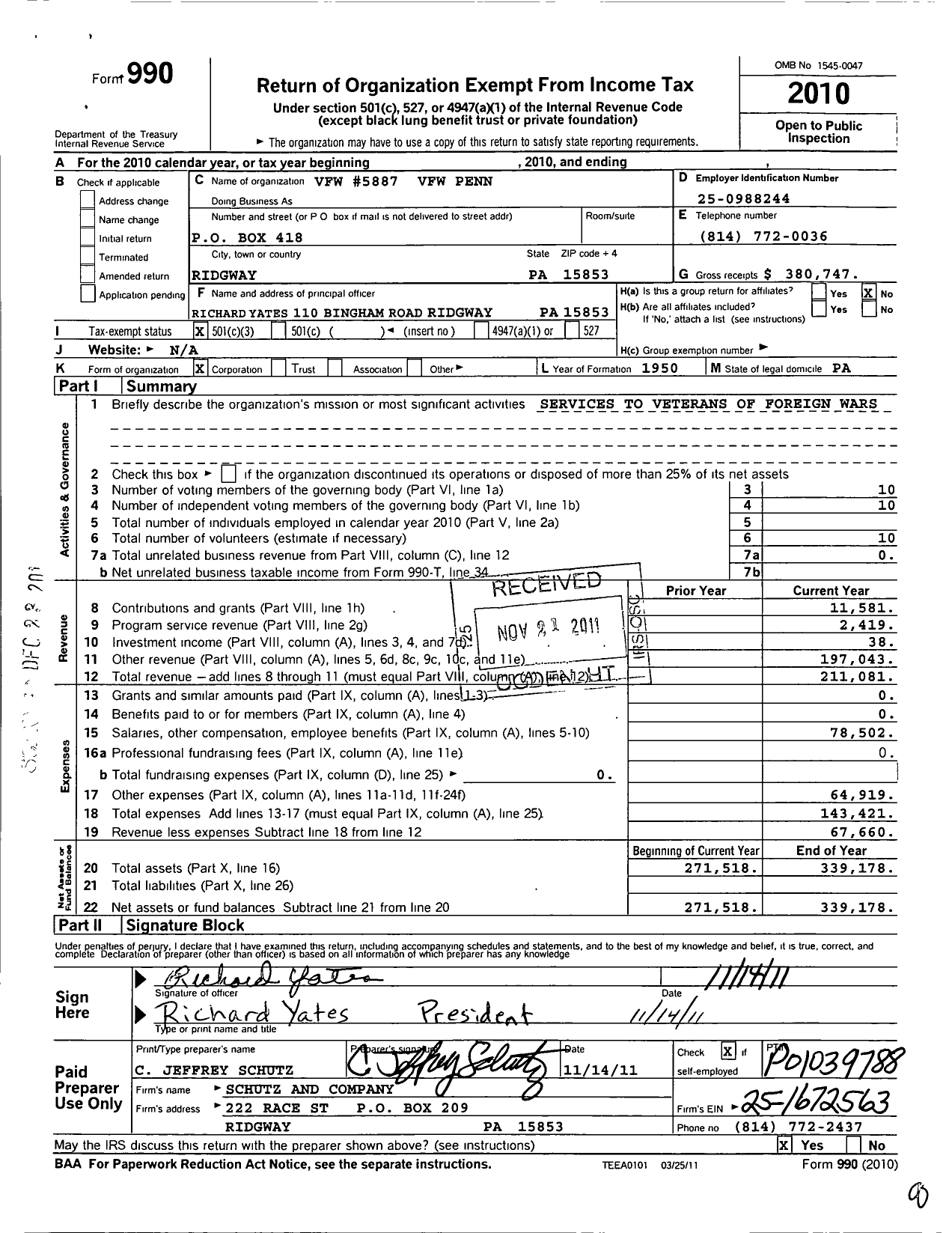 Image of first page of 2010 Form 990 for VFW Department of Pennsylvania - 5887 Vfw-Penn