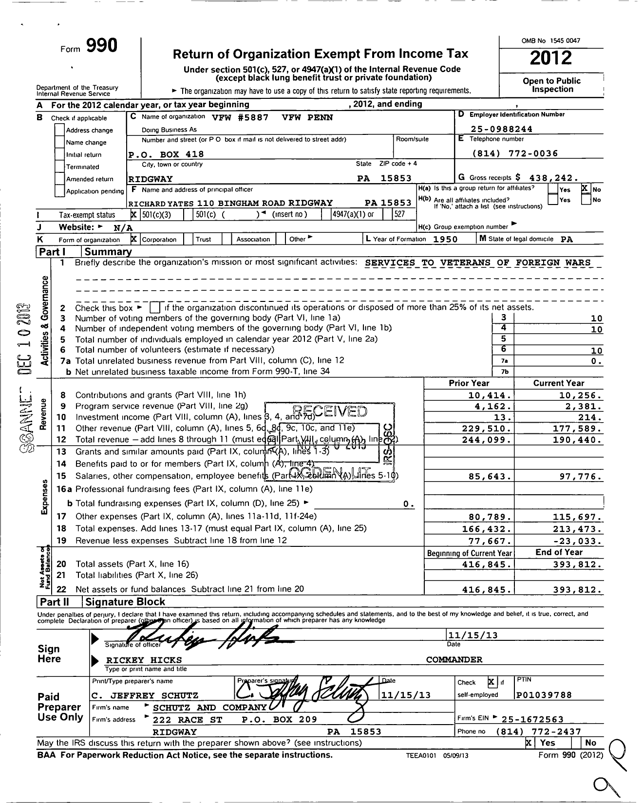 Image of first page of 2012 Form 990 for VFW Department of Pennsylvania - 5887 Vfw-Penn