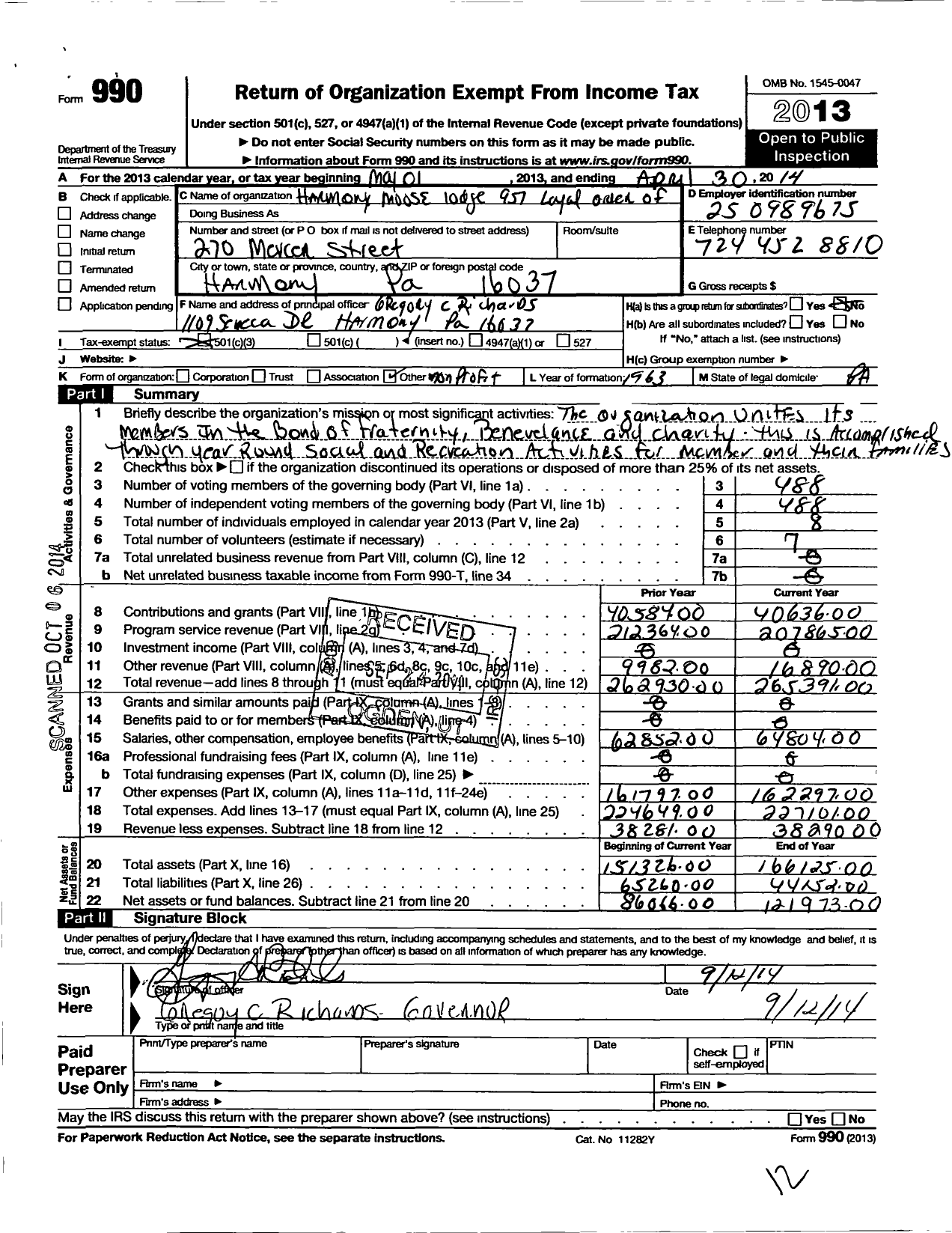 Image of first page of 2013 Form 990 for Harmony Moose Lodge 957 Loyal Order of