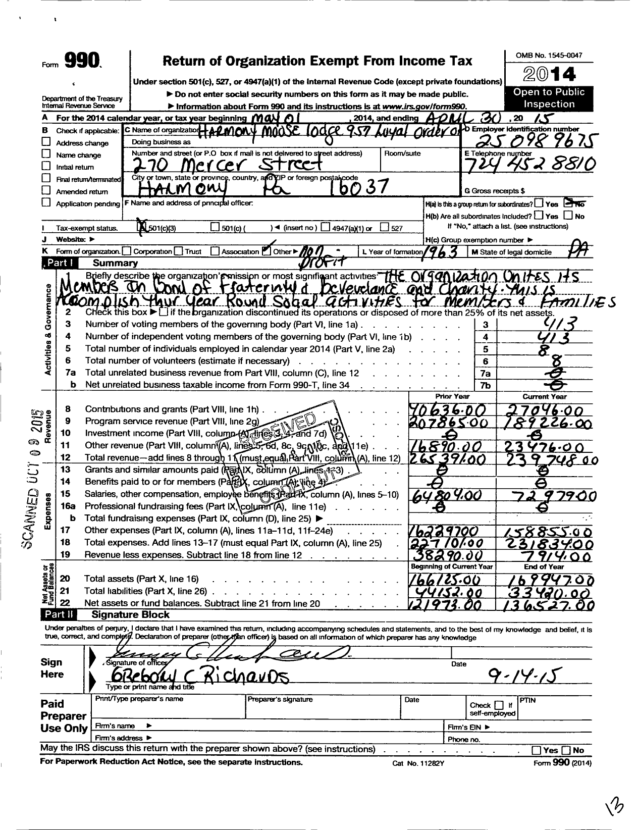 Image of first page of 2014 Form 990 for Harmony Moose Lodge 957 Loyal Order of