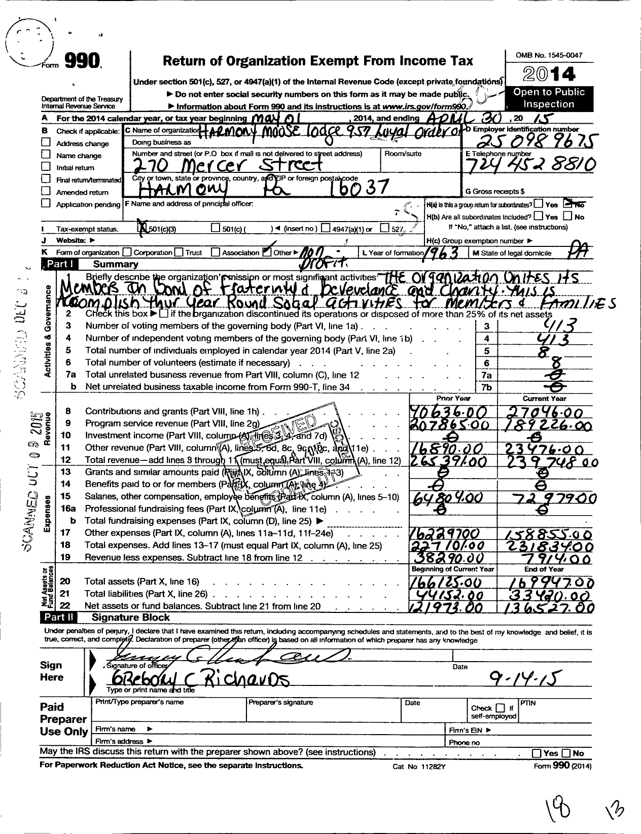 Image of first page of 2014 Form 990O for Harmony Moose Lodge 957 Loyal Order of