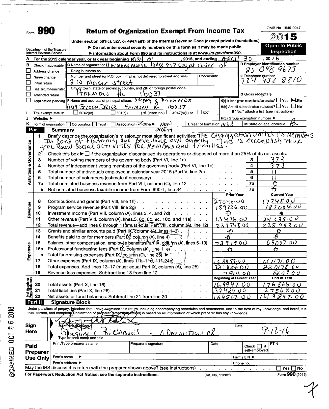 Image of first page of 2015 Form 990O for Harmony Moose Lodge 957 Loyal Order of