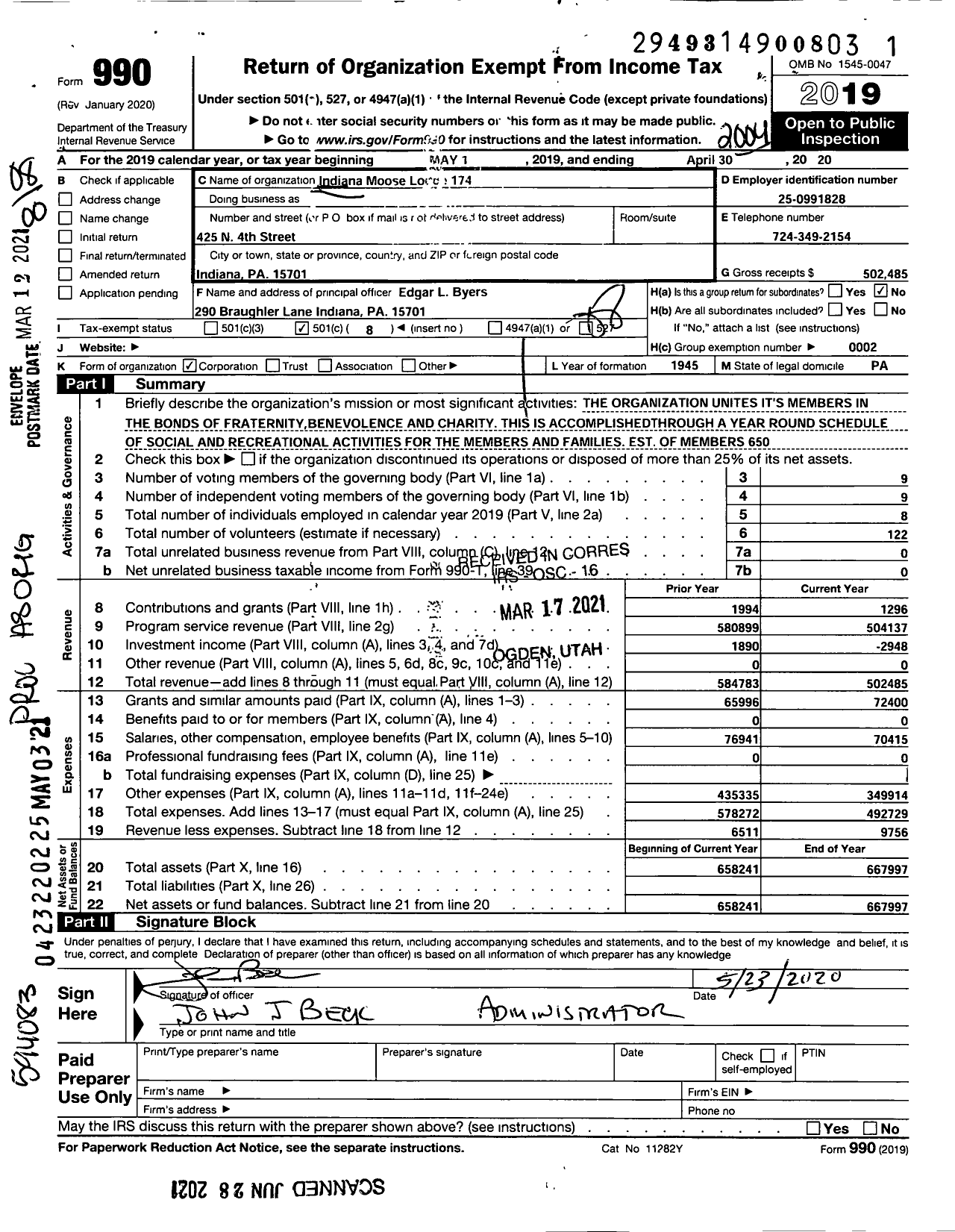 Image of first page of 2019 Form 990O for Loyal Order of Moose - 174