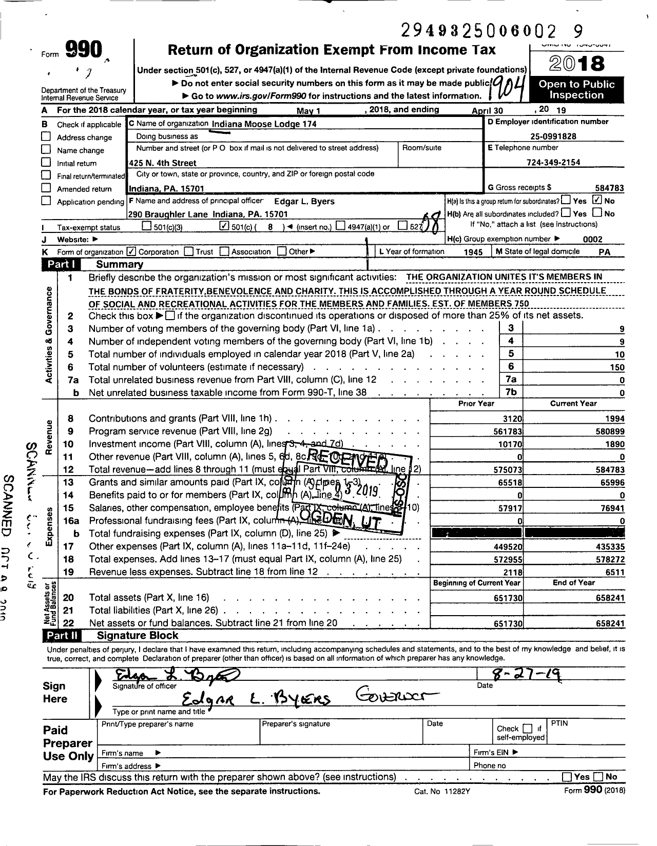 Image of first page of 2018 Form 990O for Loyal Order of Moose - 174