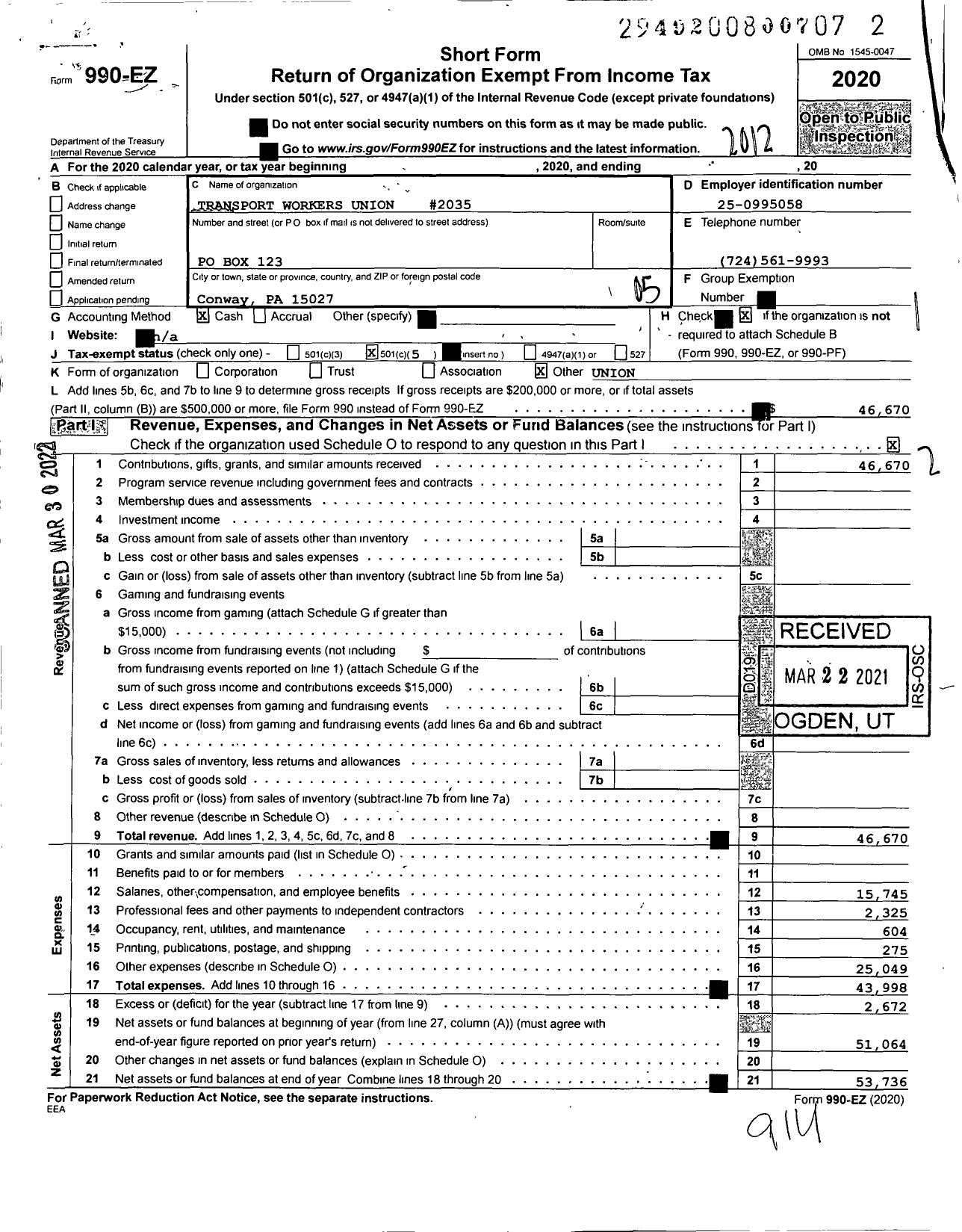 Image of first page of 2020 Form 990EO for Transport Workers Union - 2035 Twu