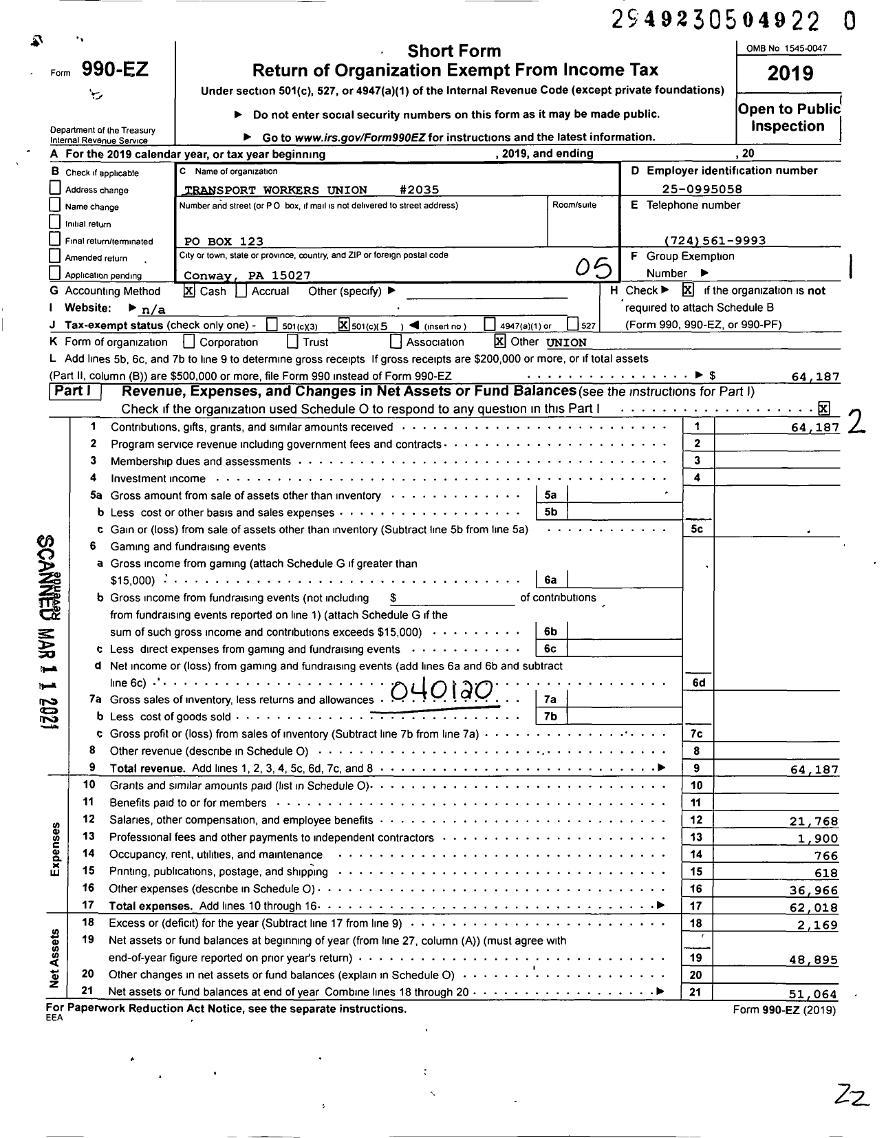 Image of first page of 2019 Form 990EO for Transport Workers Union - 2035 Twu