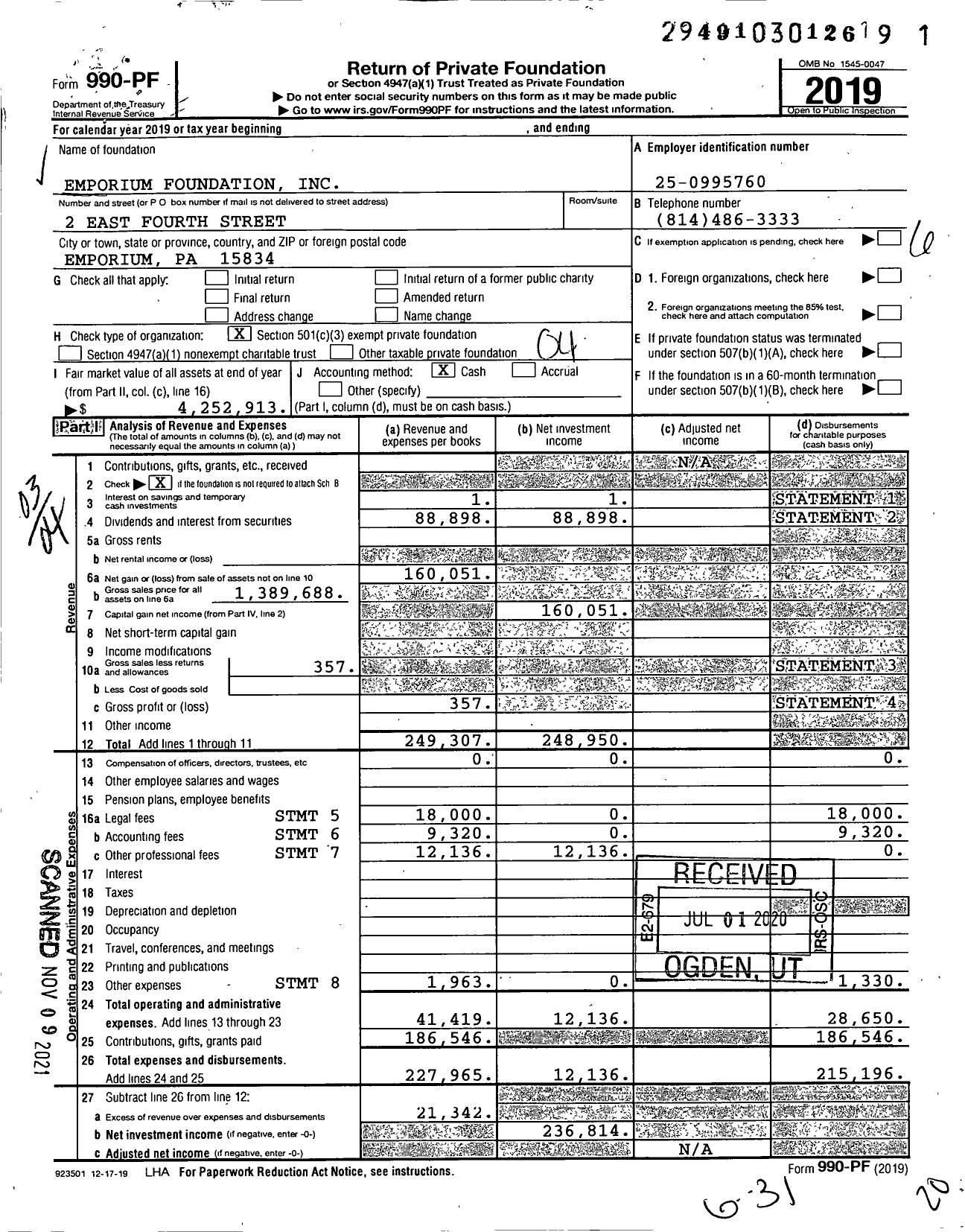 Image of first page of 2019 Form 990PF for Emporium Foundation