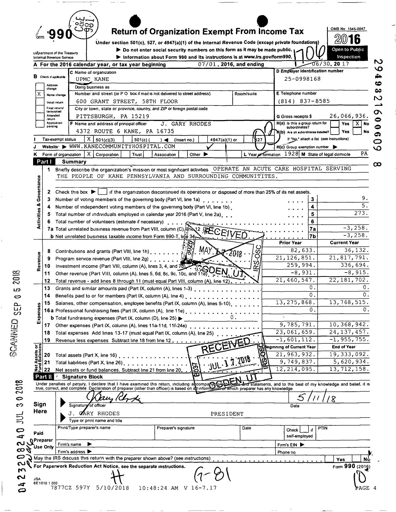 Image of first page of 2016 Form 990 for UPMC Kane