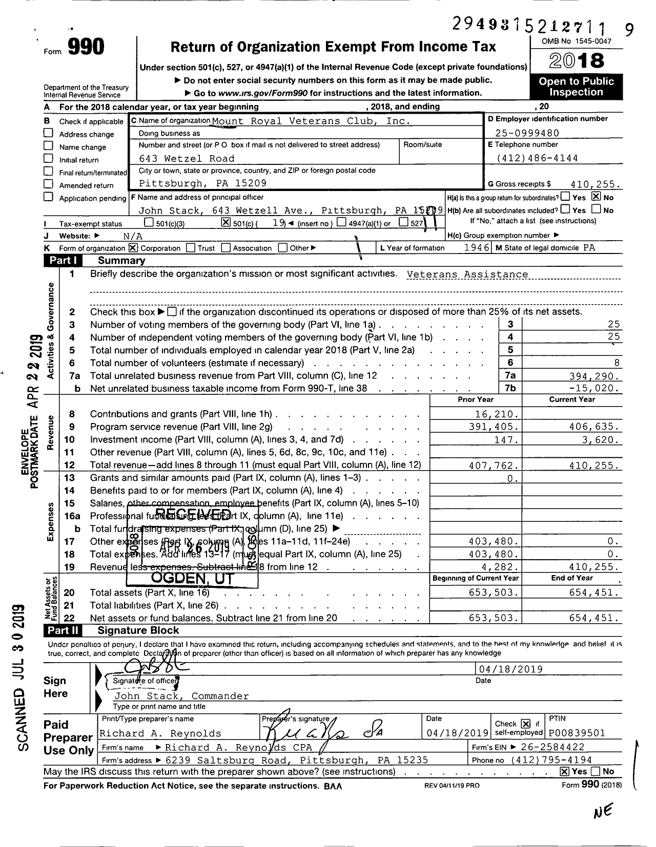 Image of first page of 2018 Form 990O for VFW Department of Pennsylvania - 9199 Mount Royal VFW Auxiliary Dist