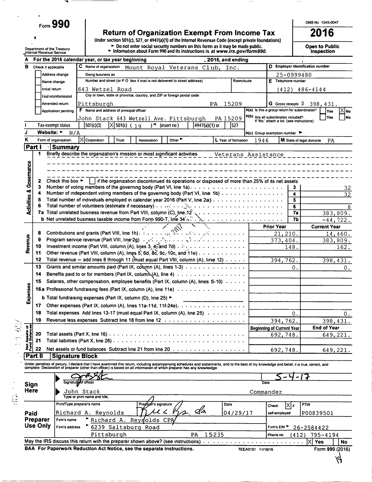 Image of first page of 2016 Form 990O for VFW Department of Pennsylvania - 9199 Mount Royal VFW Auxiliary Dist
