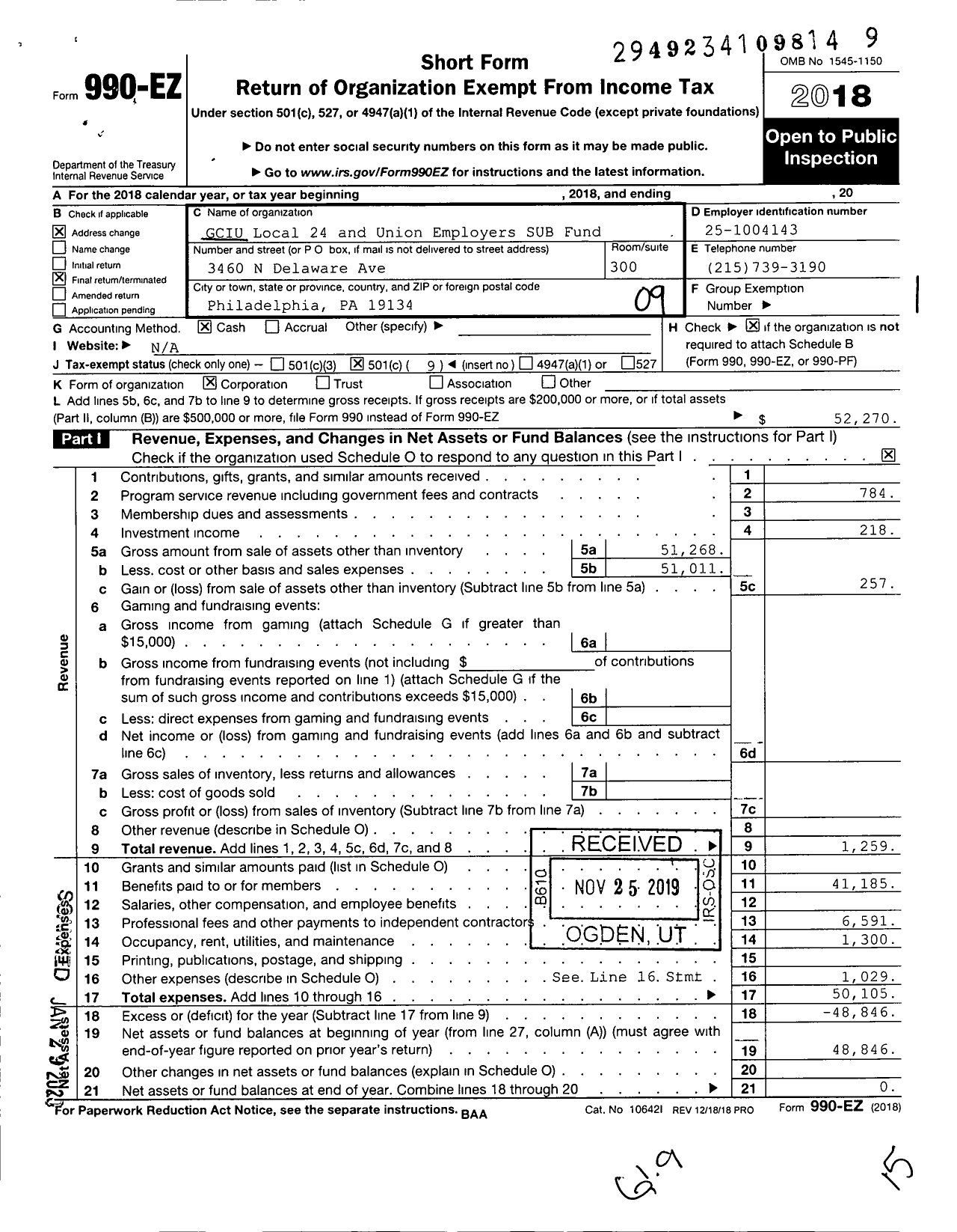 Image of first page of 2018 Form 990EO for Graphic Communications Conference - 24-M Pittsburgh G C I U