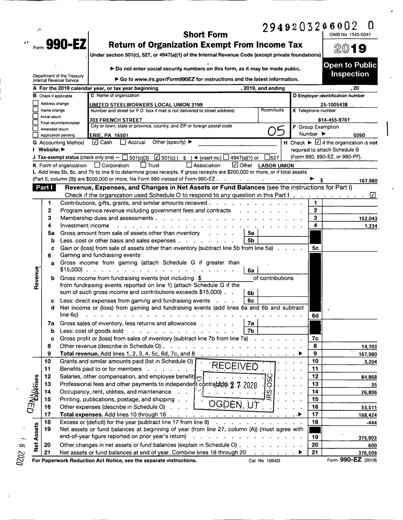 Image of first page of 2019 Form 990EO for United Steelworkers - 03199 Local