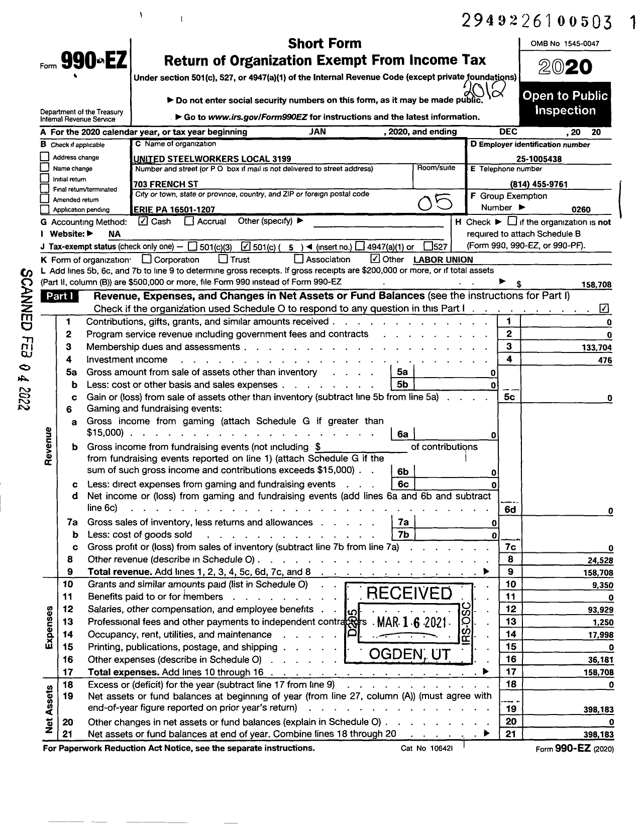 Image of first page of 2020 Form 990EO for United Steelworkers - 03199 Local