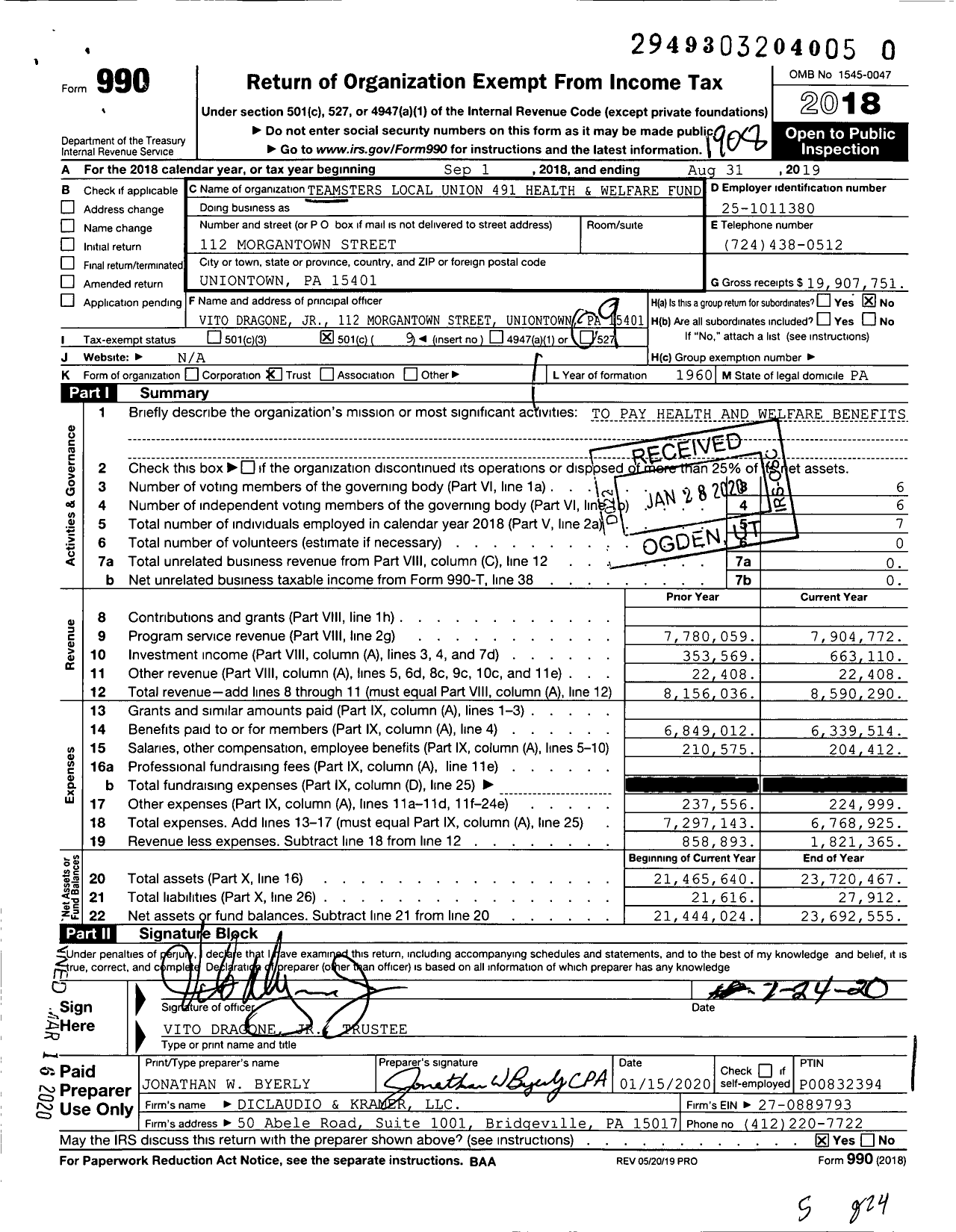 Image of first page of 2018 Form 990O for Teamsters Local Union 491 Health and Welfare Fund