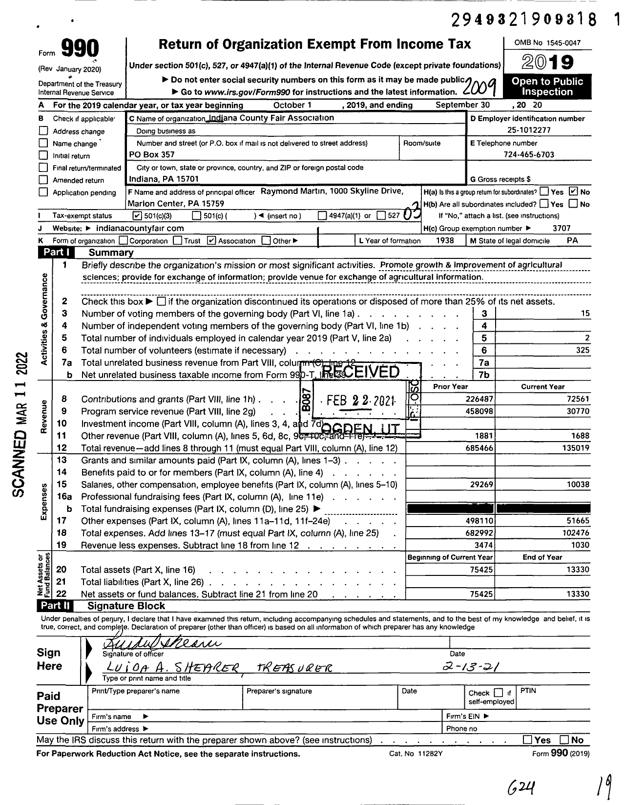 Image of first page of 2019 Form 990 for Indiana County Fair Association