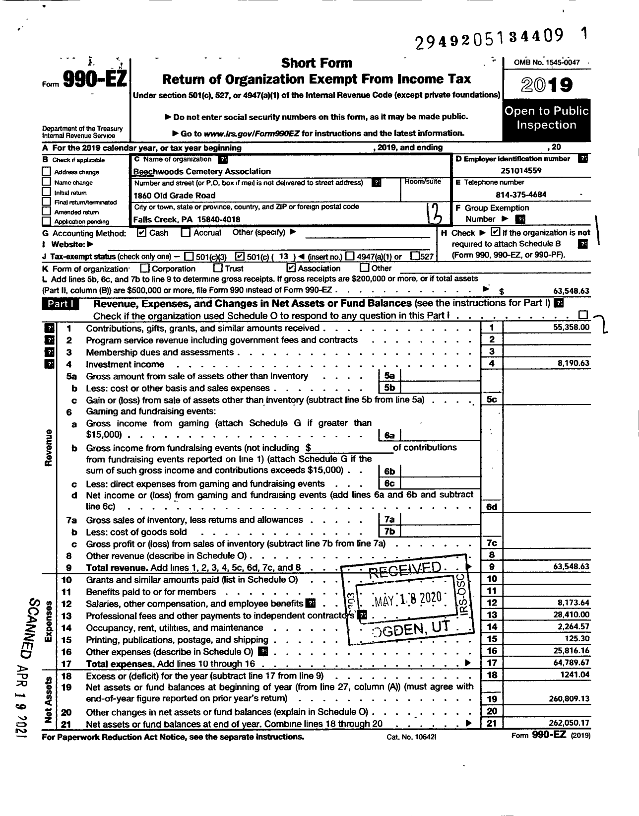 Image of first page of 2019 Form 990EO for BEECHWOODS CEMETeRY ASSOCIATION