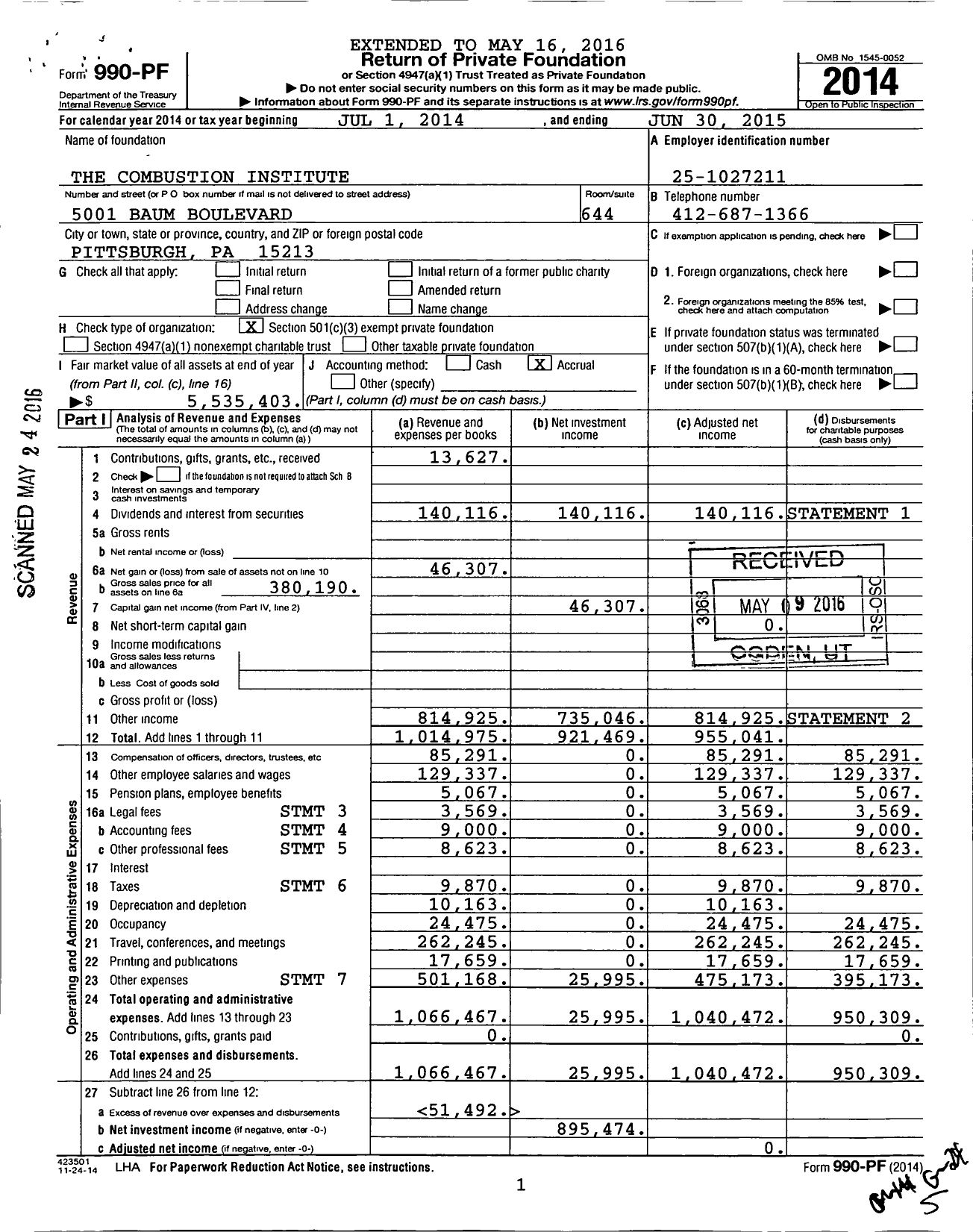 Image of first page of 2014 Form 990PF for The Combustion Institute