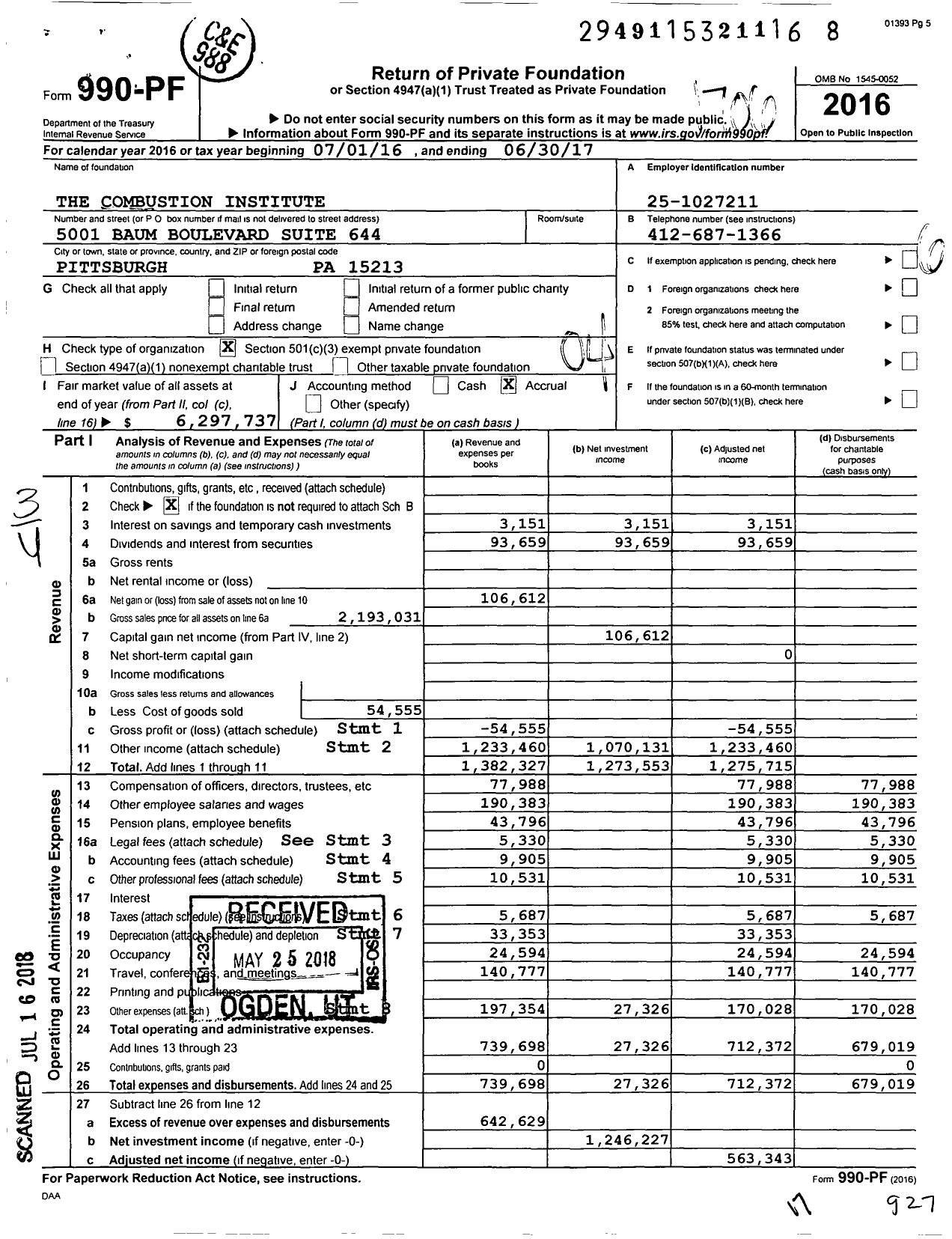 Image of first page of 2016 Form 990PF for The Combustion Institute