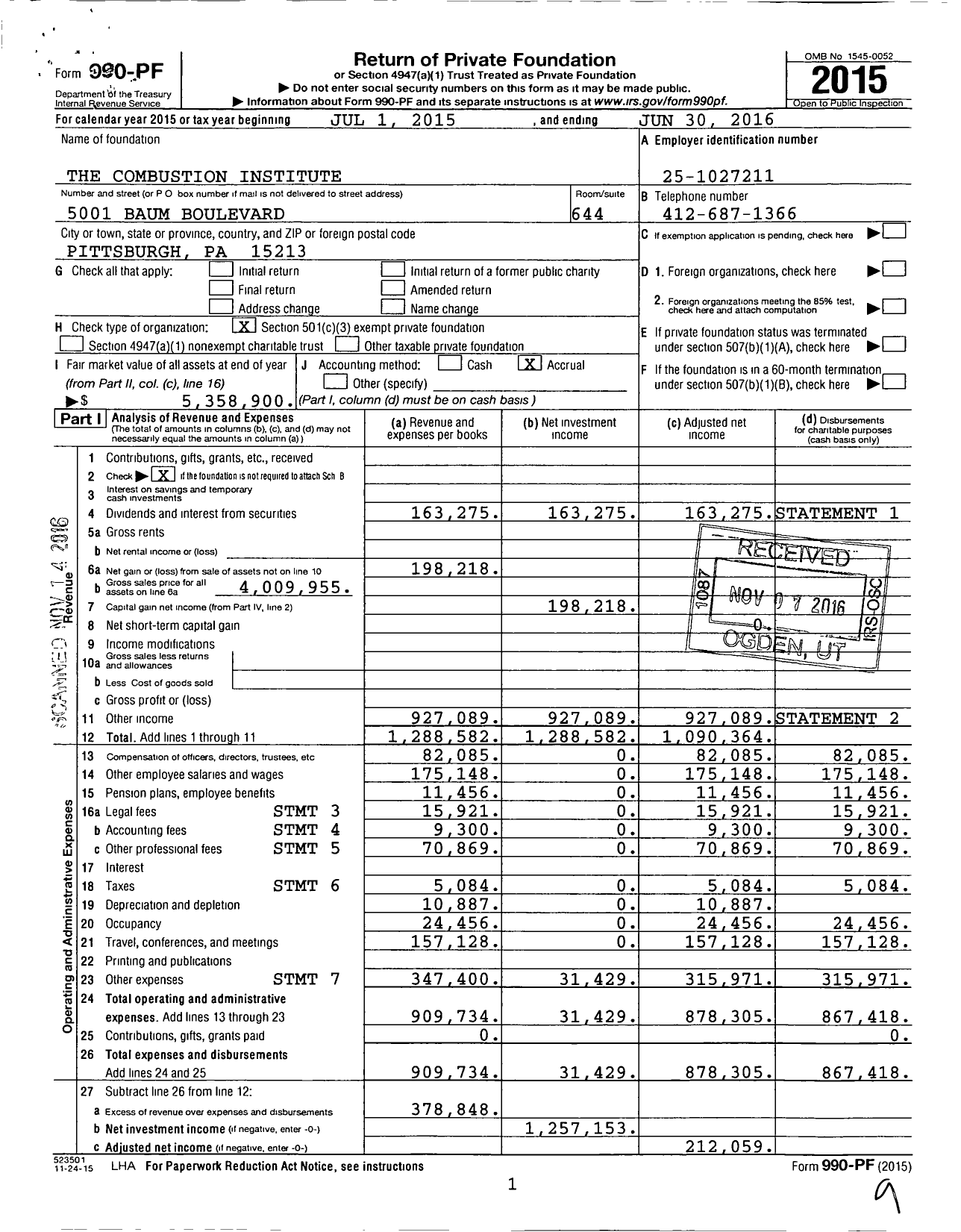 Image of first page of 2015 Form 990PF for The Combustion Institute