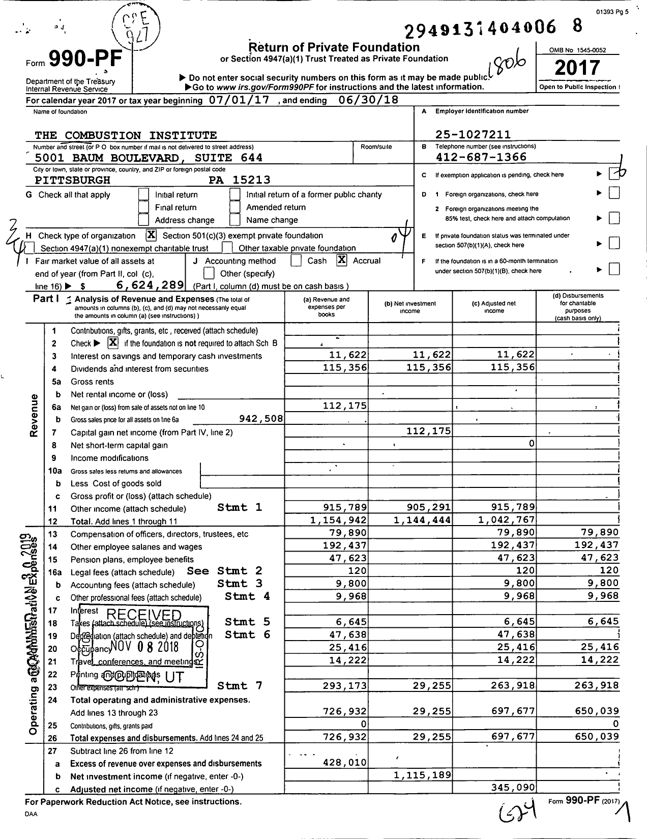 Image of first page of 2017 Form 990PF for The Combustion Institute