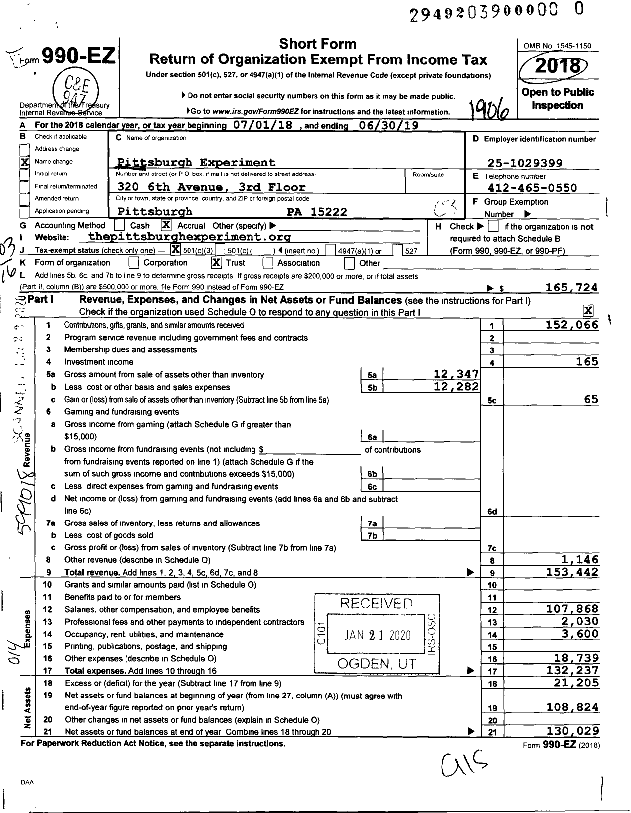 Image of first page of 2018 Form 990EZ for Pittsburgh Experiment