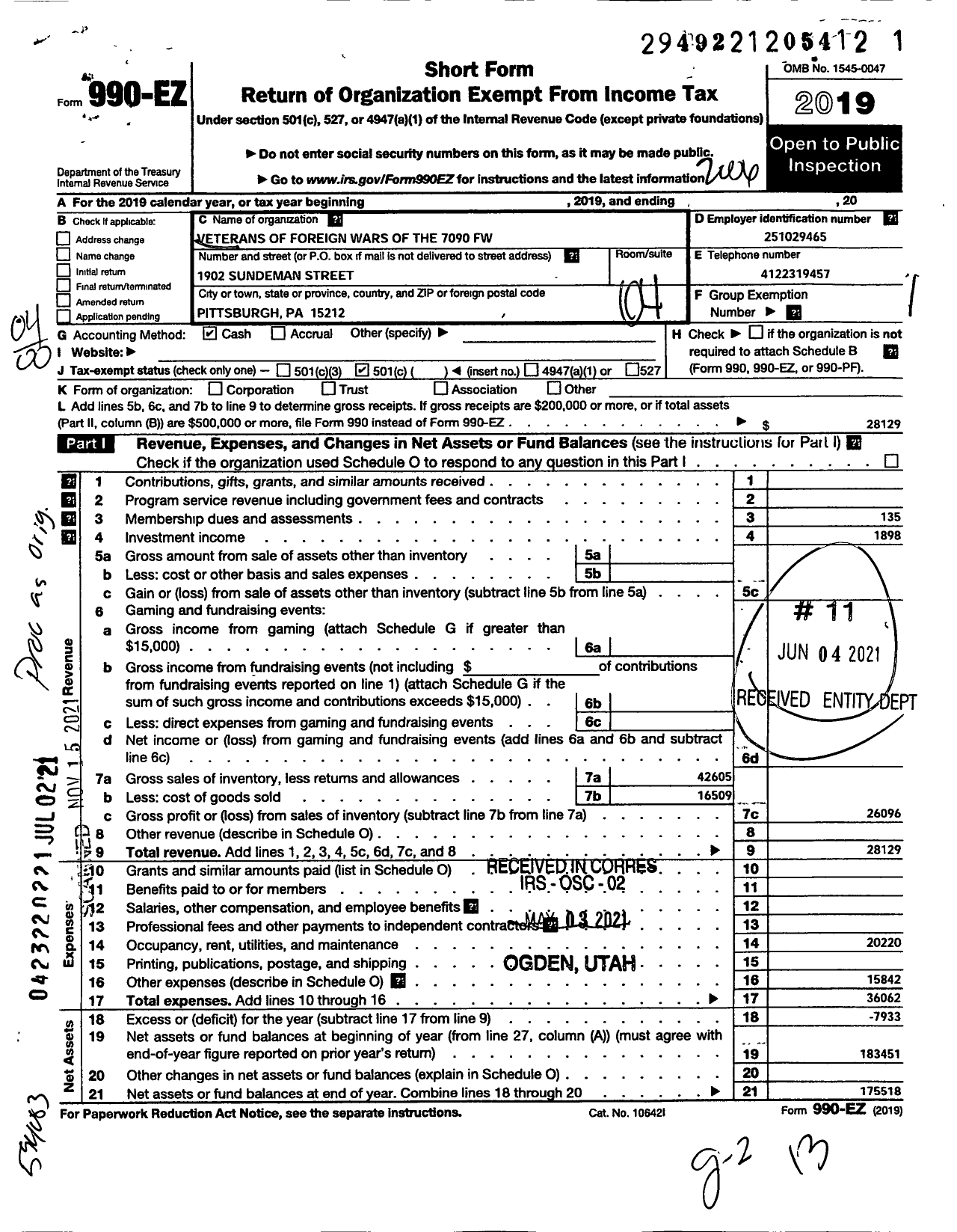 Image of first page of 2019 Form 990EO for VFW Department of Pennsylvania - 7090 VFW