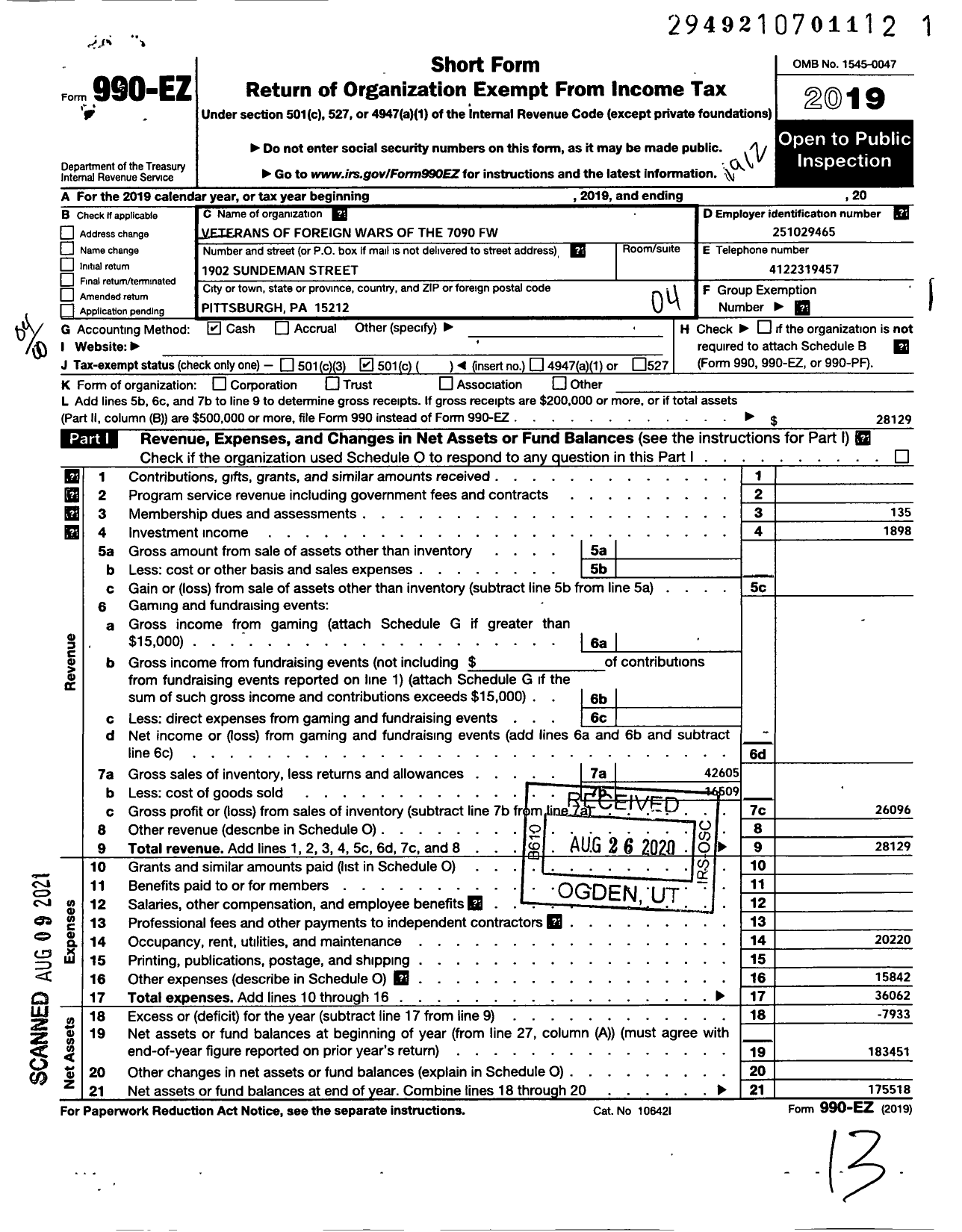 Image of first page of 2019 Form 990EO for VFW Department of Pennsylvania - 7090 VFW