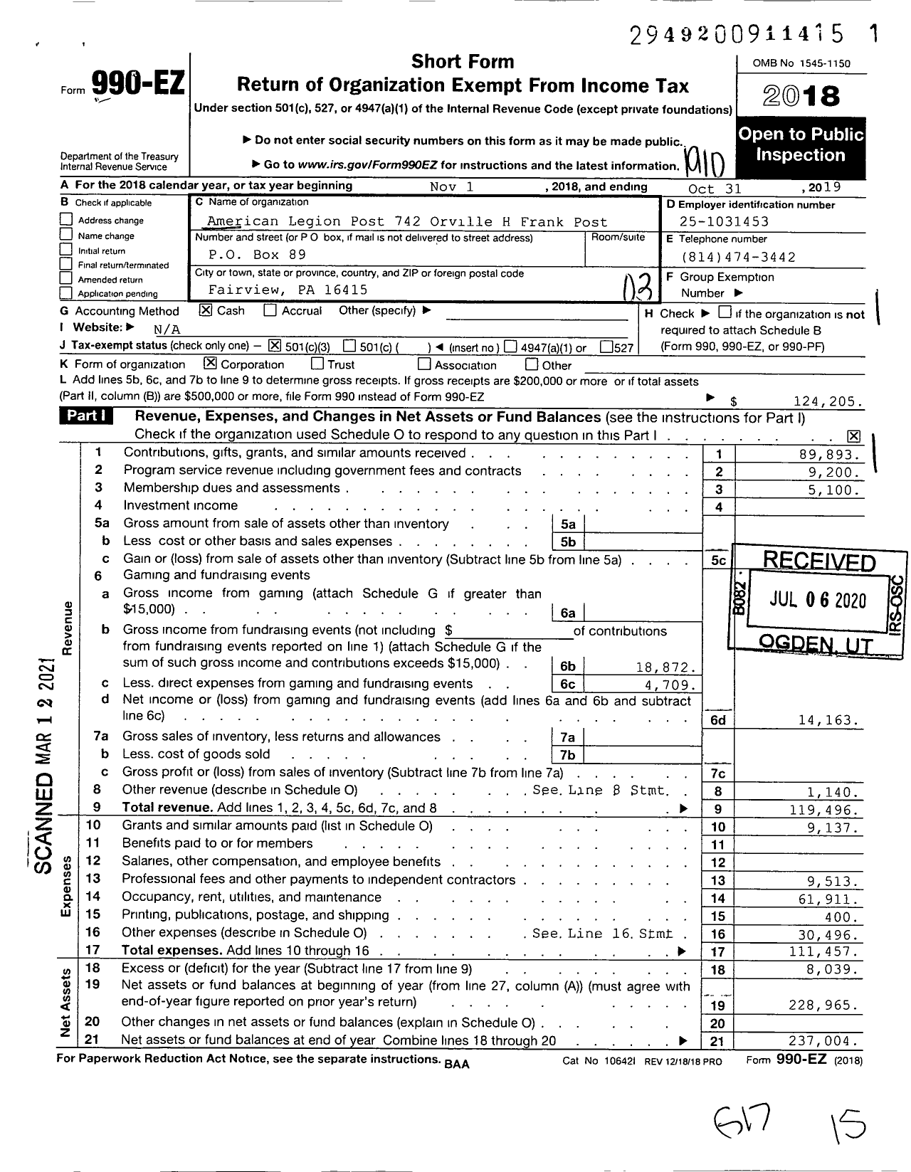 Image of first page of 2018 Form 990EZ for American Legion - 0742 Orville H Frank Post