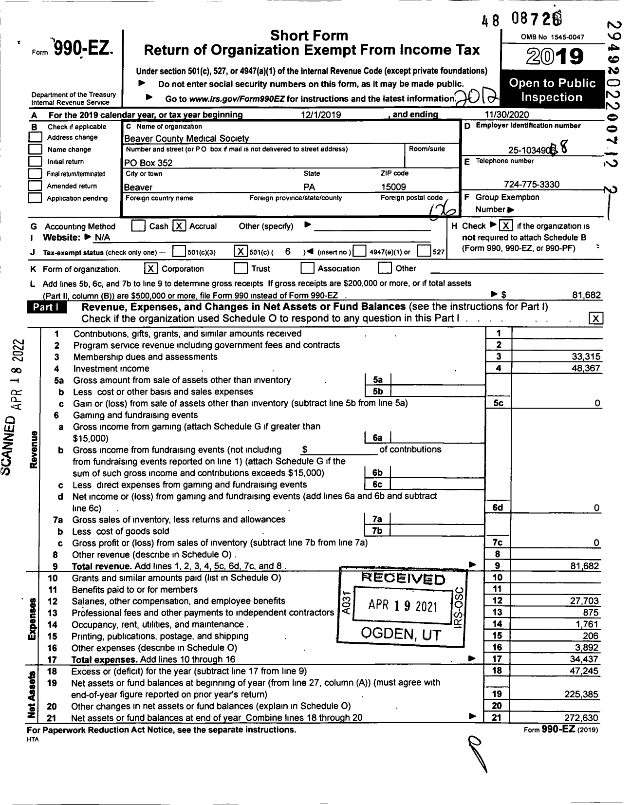 Image of first page of 2020 Form 990EO for Beaver County Medical Society